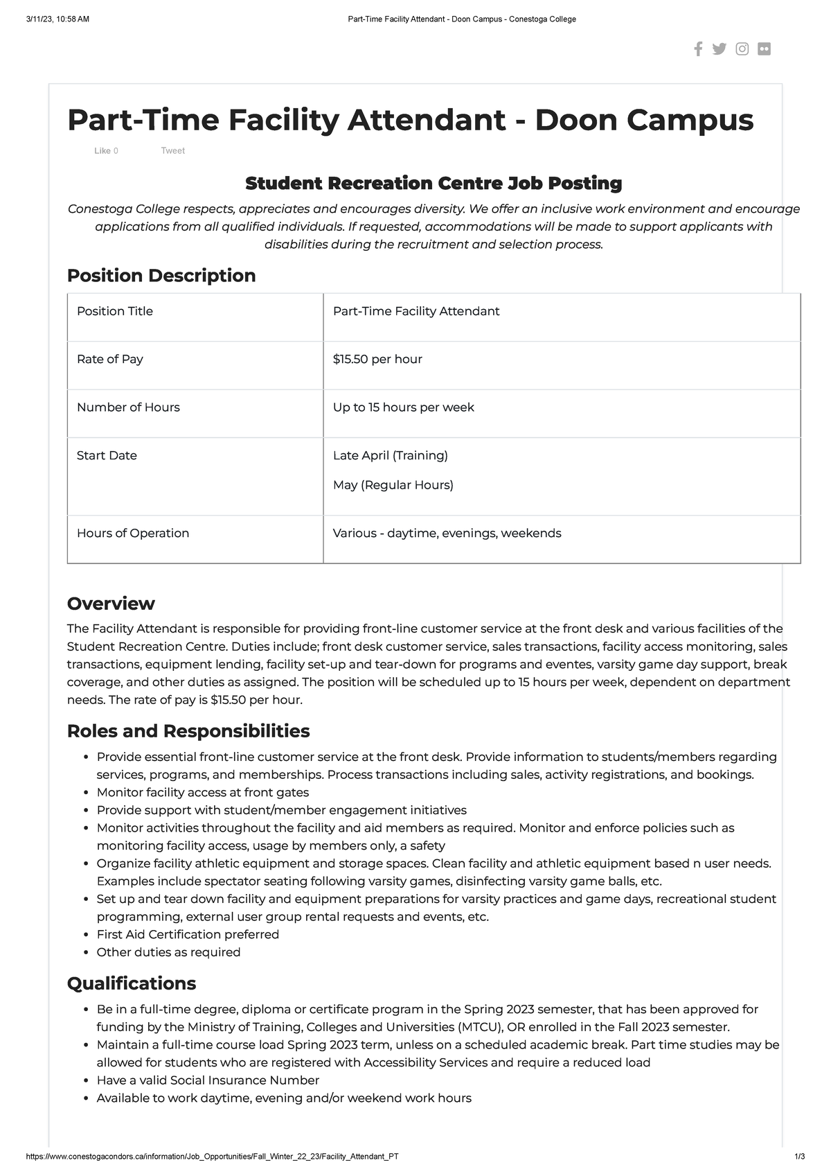 PartTime Facility Attendant Doon Campus Conestoga College We