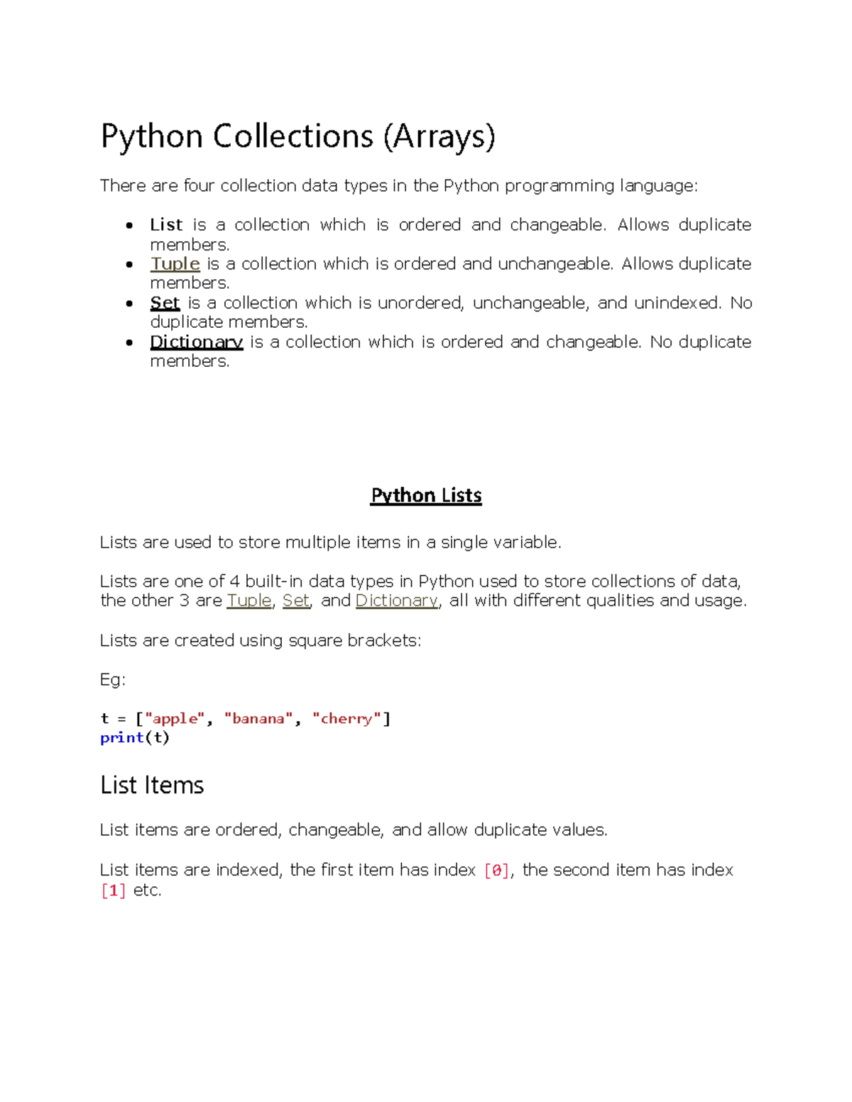 Python Lists - Practice notes - Python Collections (Arrays) There are ...
