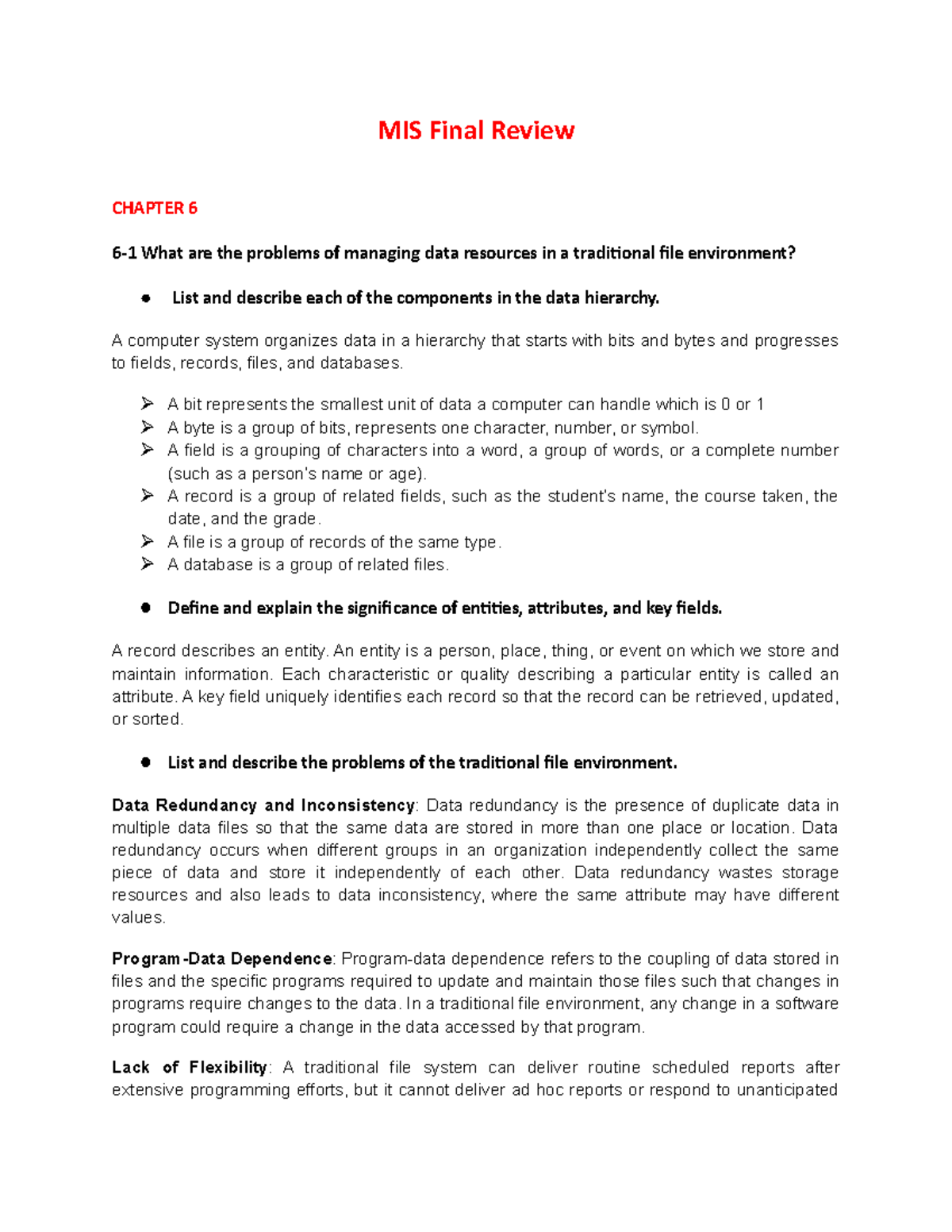 MIS Final Review Chap10 - MIS Final Review CHAPTER 6 6-1 What are the ...