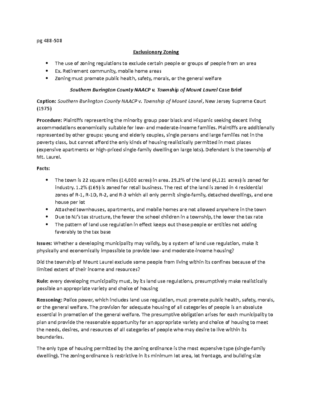 Exclusionary Zoning Case Notes - pg 488- Exclusionary Zoning The use of ...