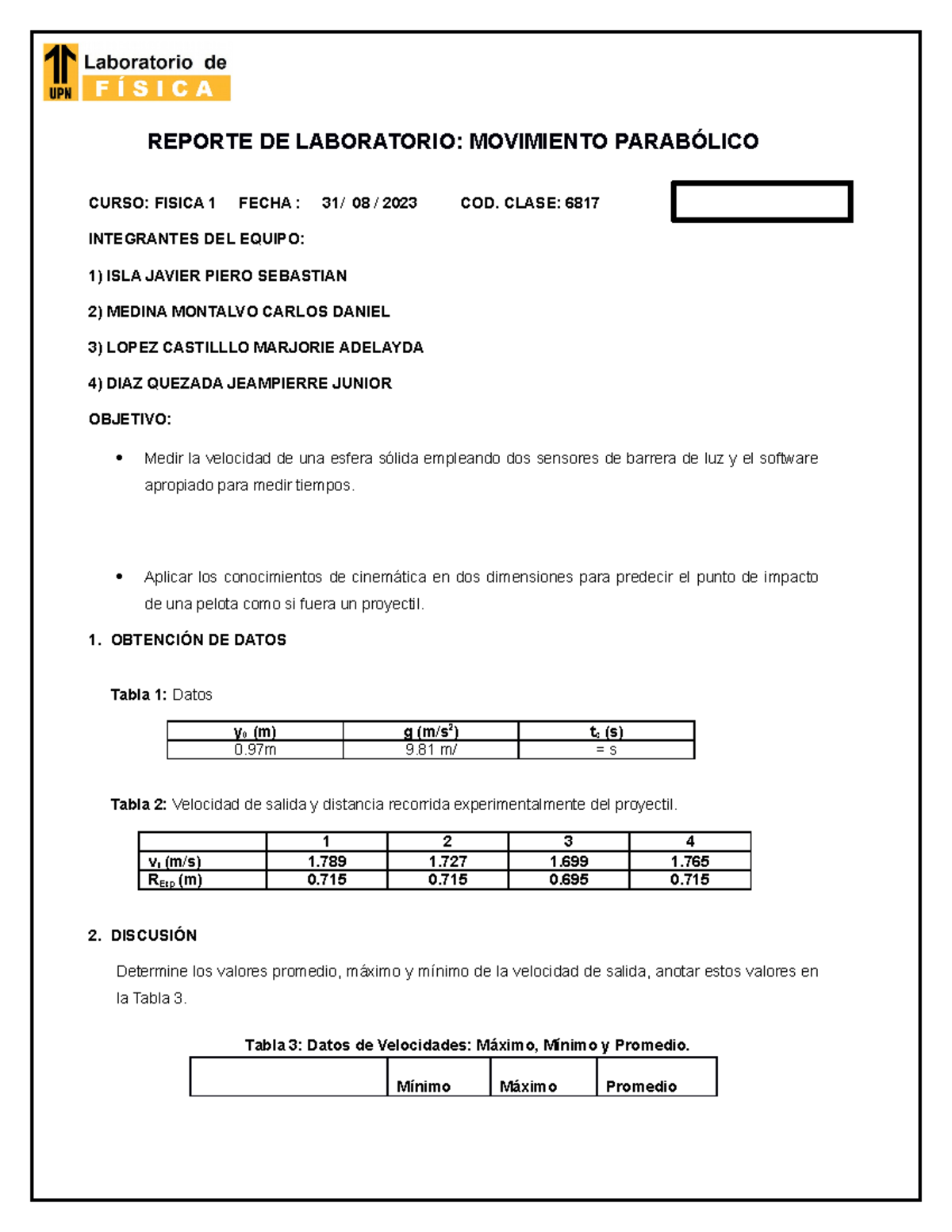 Reporte Lab Fisi1 S03 Informe Reporte De Laboratorio Movimiento