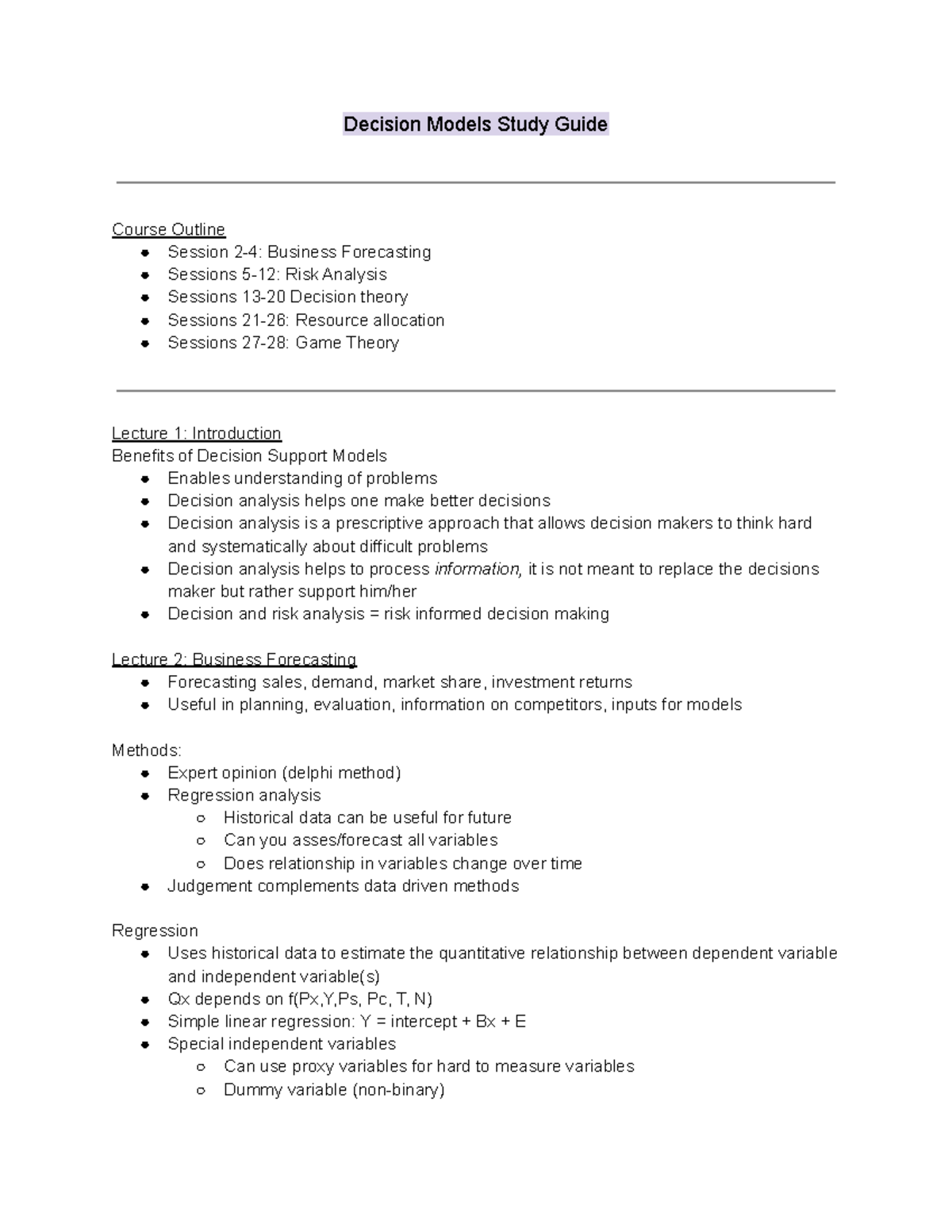 Decision Models Final Exam Review - Decision Models Study Guide Course ...
