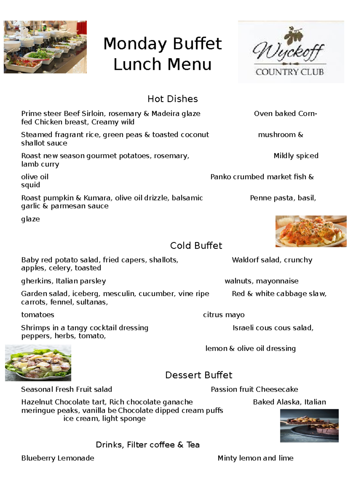 Monday Buffet Lunch Menu Monday Buffet Lunch Menu Hot Dishes Prime