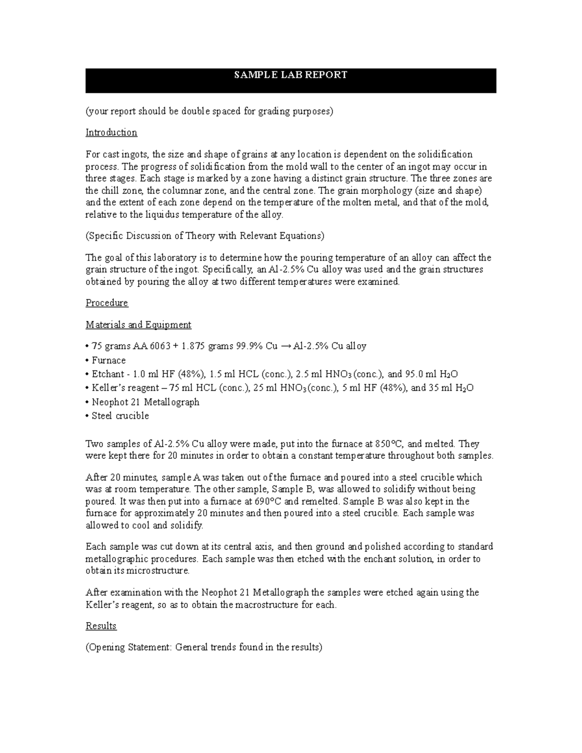 Sample lab report - SAMPLE LAB REPORT (your report should be double ...