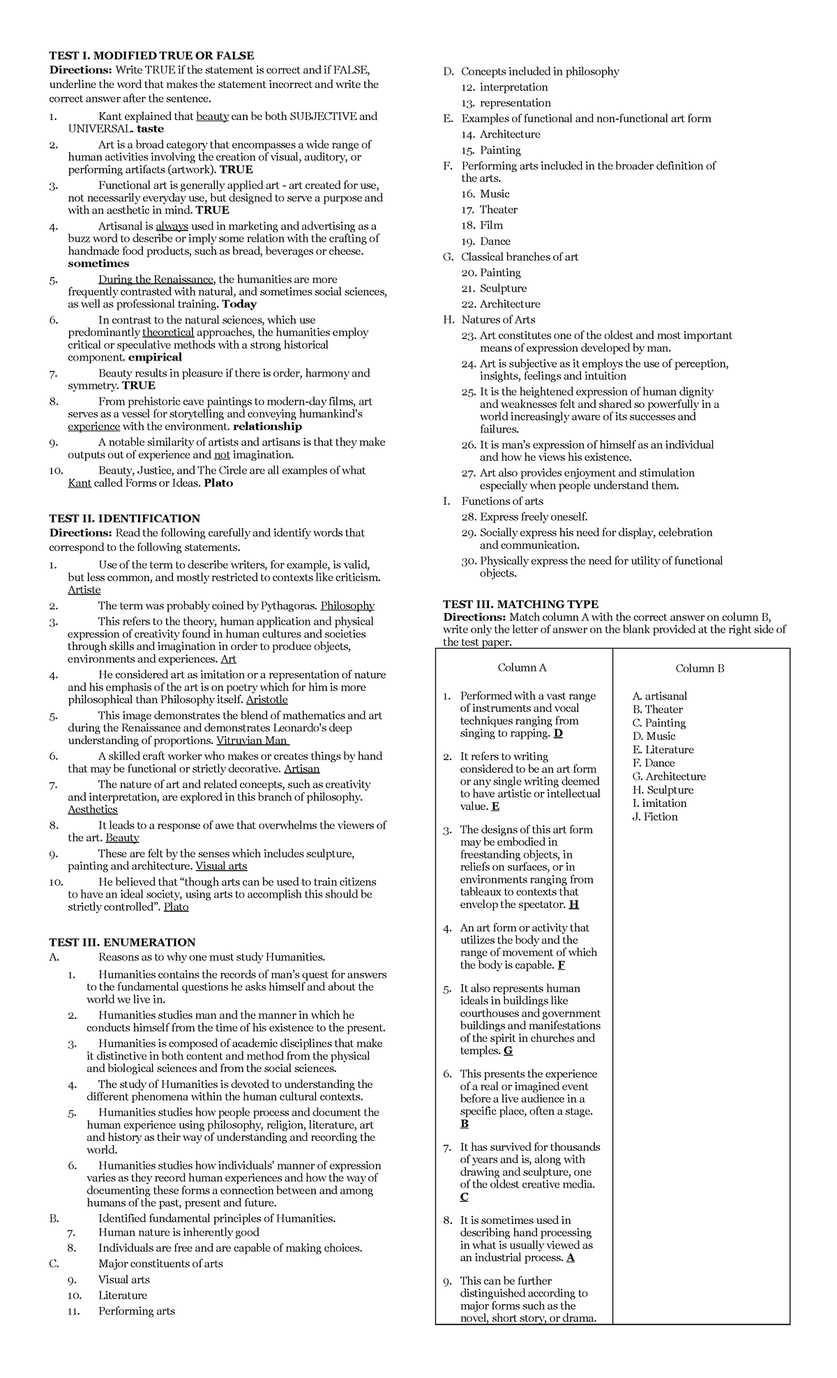 Reviewer in Art Appreciation Quiz about the History, Function and Types of Arts TEST I