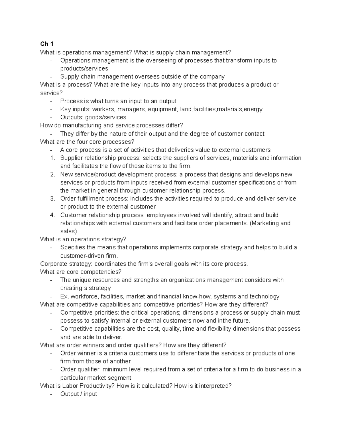 MGSC 395 Exam 1 Study Guide - Ch 1 What Is Operations Management? What ...