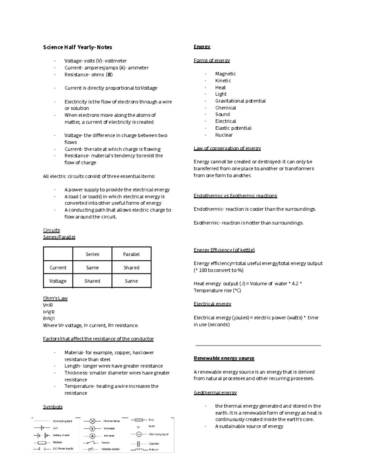 Science HALF- Yearly Notes - Science Half Yearly- Notes Voltage- volts ...