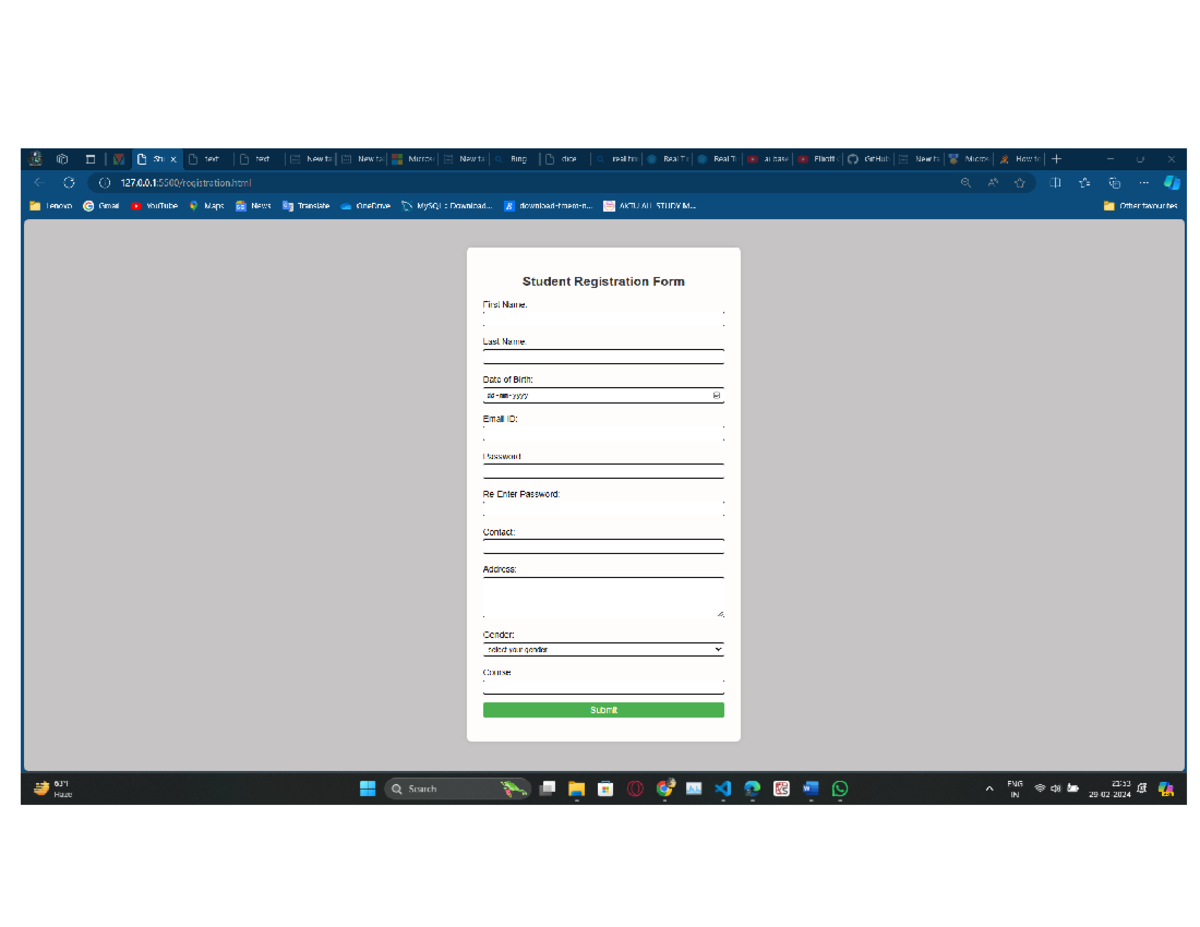 Student Registeration Form Using Html - B.tech - Studocu