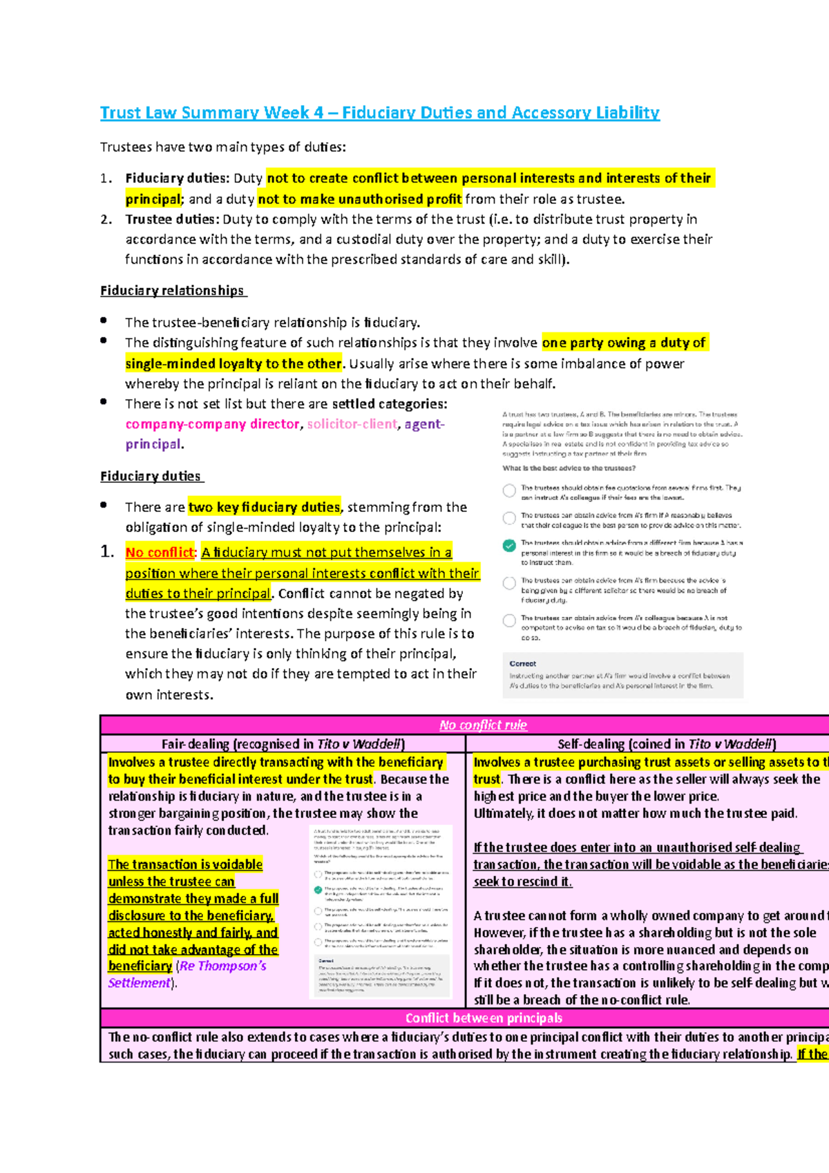 Trust Law Summary Week 4 Fiduciary Duties and Accessory Liability