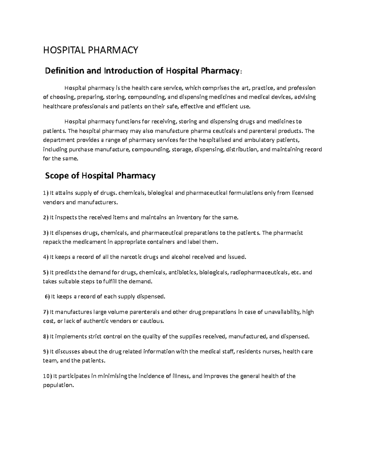 Hospital Pharmacy HOSPITAL PHARMACY Definition and Introduction of