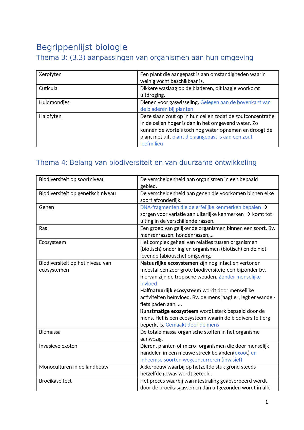 Begrippenlijst Biologie - Begrippenlijst Biologie Thema 3: (3 ...