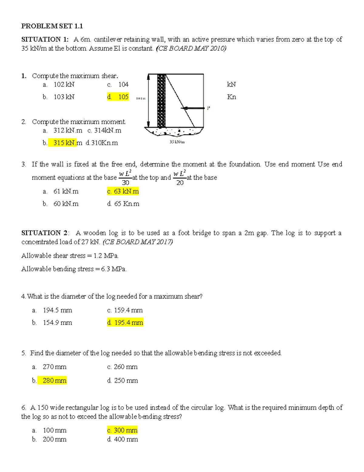 Problem SET 1 - PROBLEM SET 1. SITUATION 1: A 6m. cantilever retaining ...