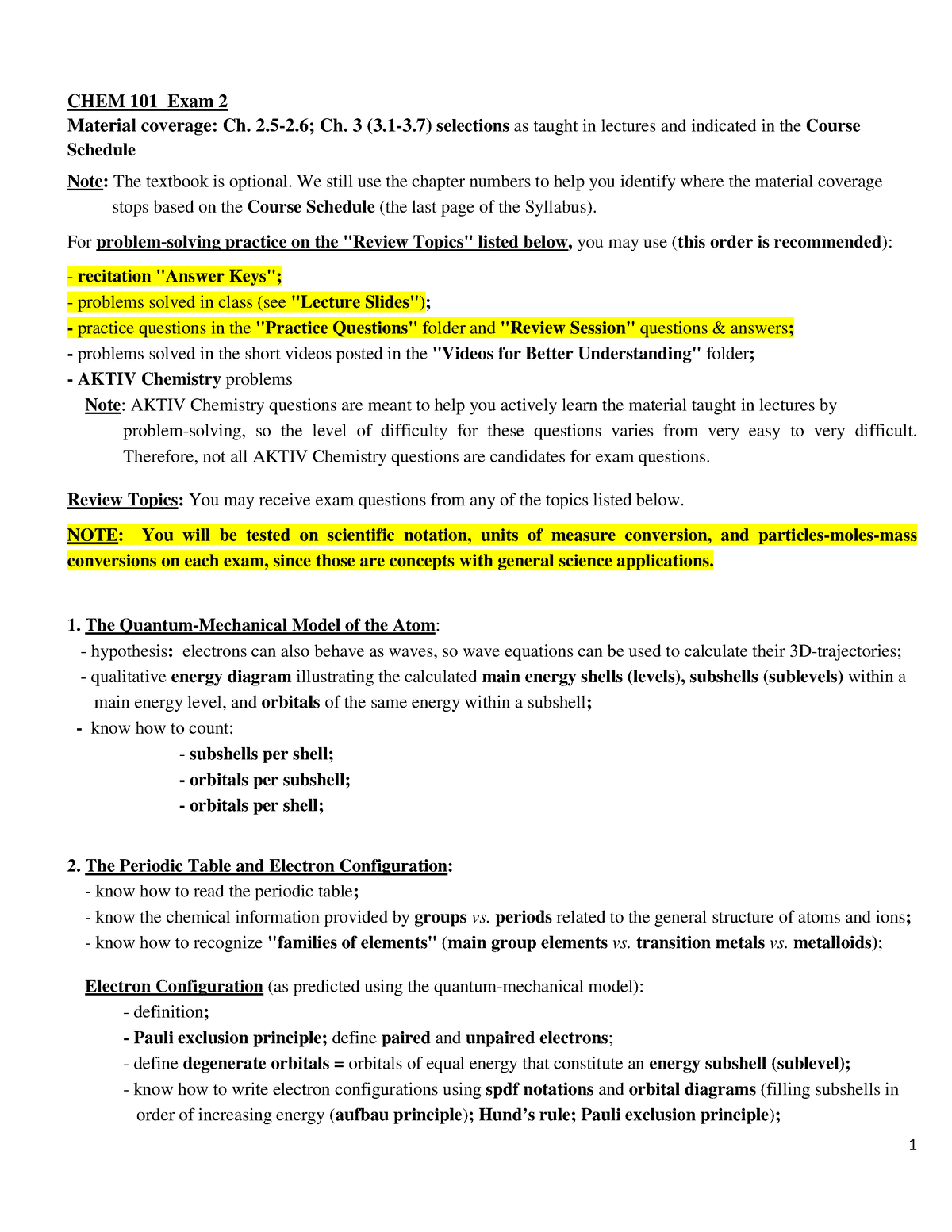 CHEM 101 Exam 2 Review Topics F23 - 1 CHEM 101 Exam 2 Material Coverage ...