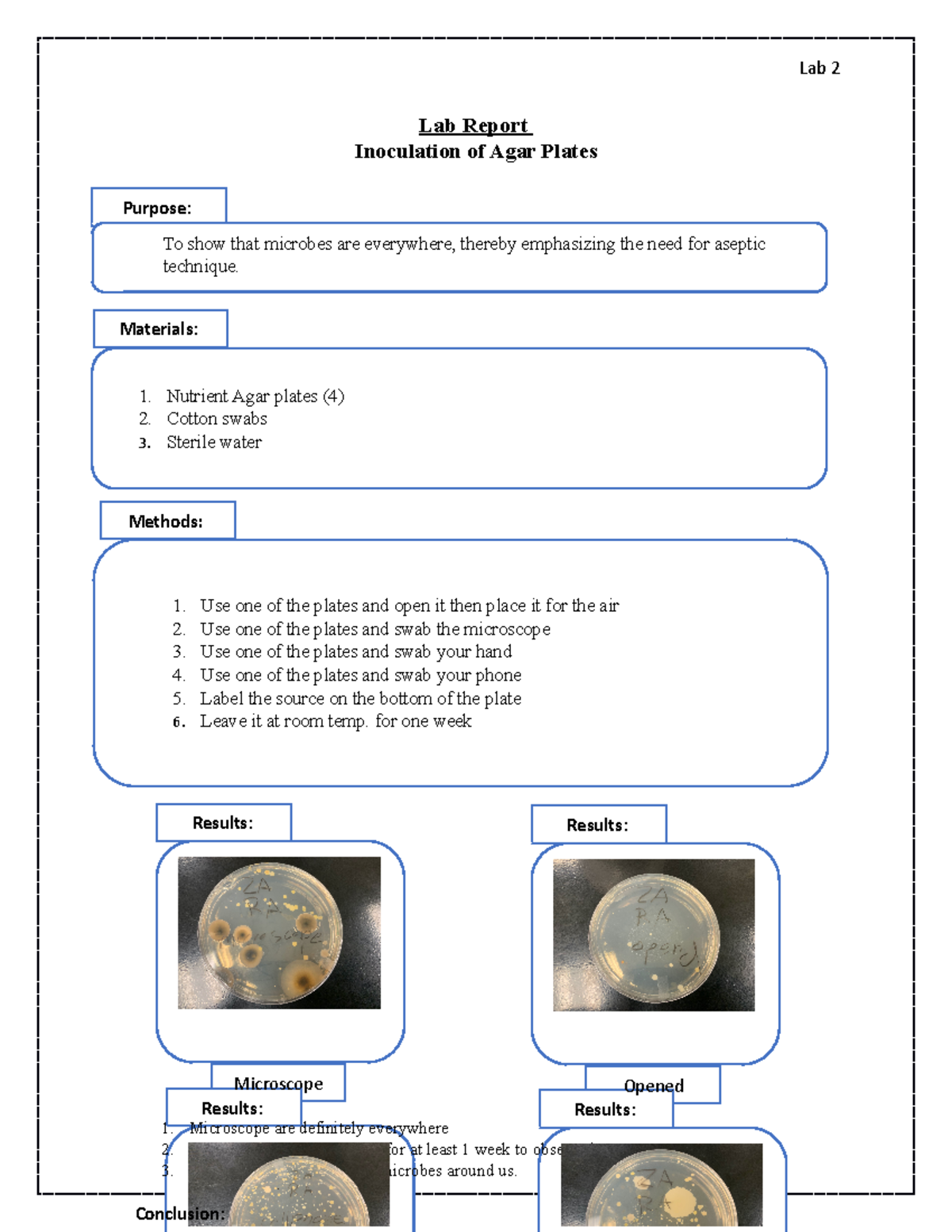 Lab report Lab 2 Lab 2 Lab Report Inoculation of Agar Plates Purpose