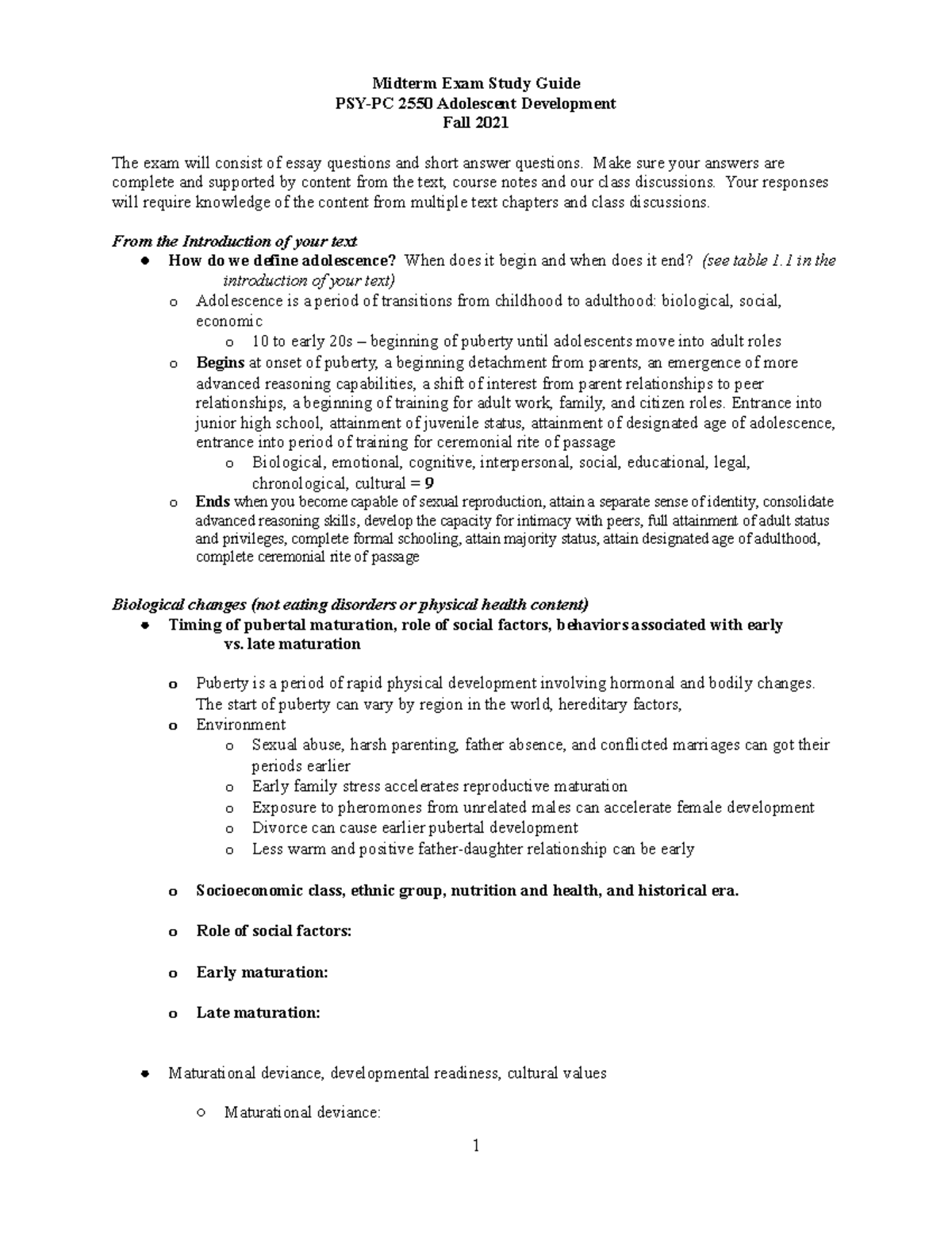 Midterm Exam Study Guide - Adolescent Development Fall 2021 - Midterm ...