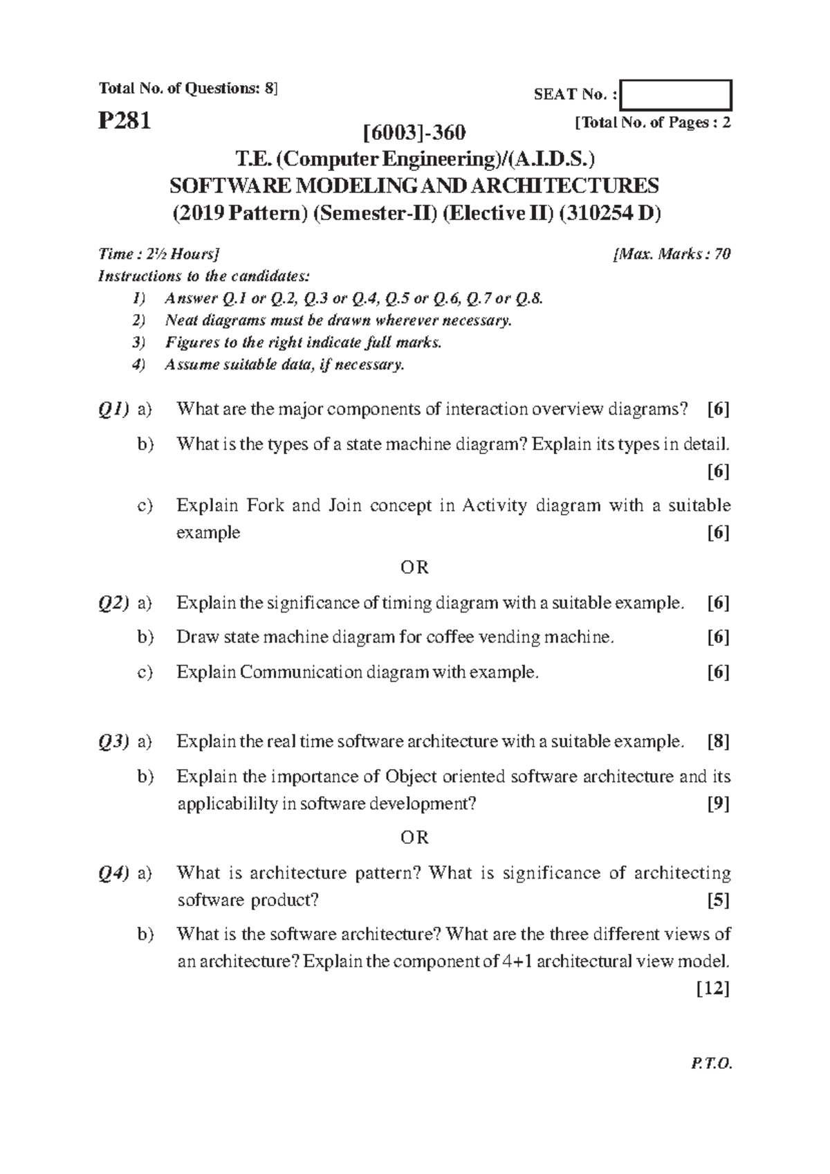 SMA T.E ( 2019 Pattern ) end sem SPPU QP1 - Total No. of Questions: 8 ...