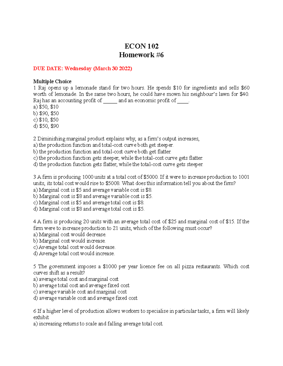 ECON 102-Microeconomics-Homework-06 - ECON 102 Homework DUE DATE ...