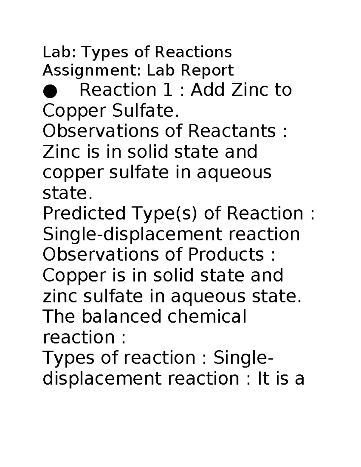 types of reactions assignment