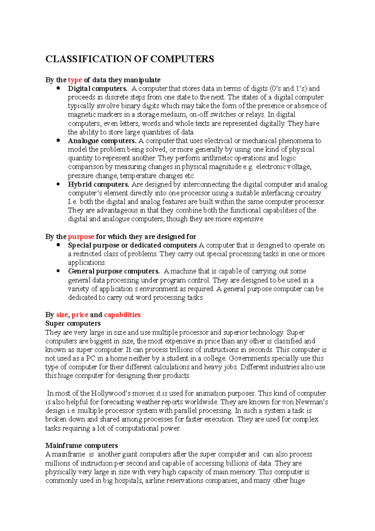 Classification OF Computers - CLASSIFICATION OF COMPUTERS By the type ...