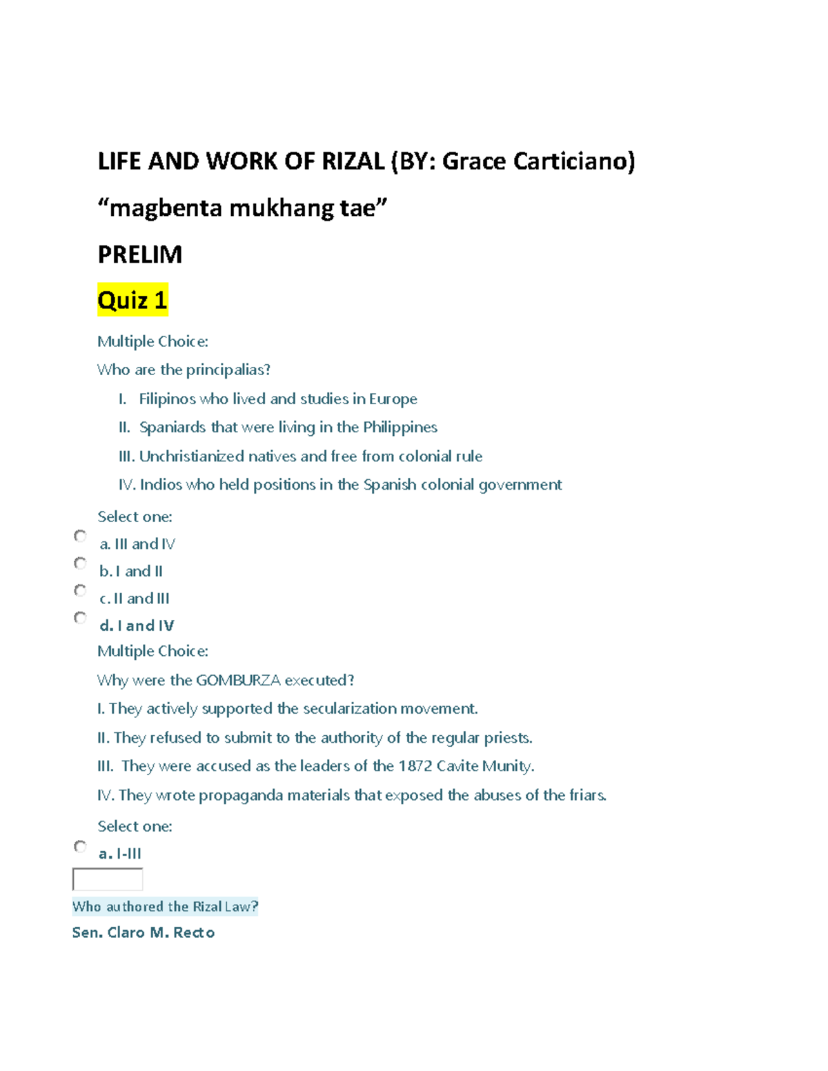 LIFE AND WORK OF Rizal QUIZ1-Final - LIFE AND WORK OF RIZAL (BY: Grace ...