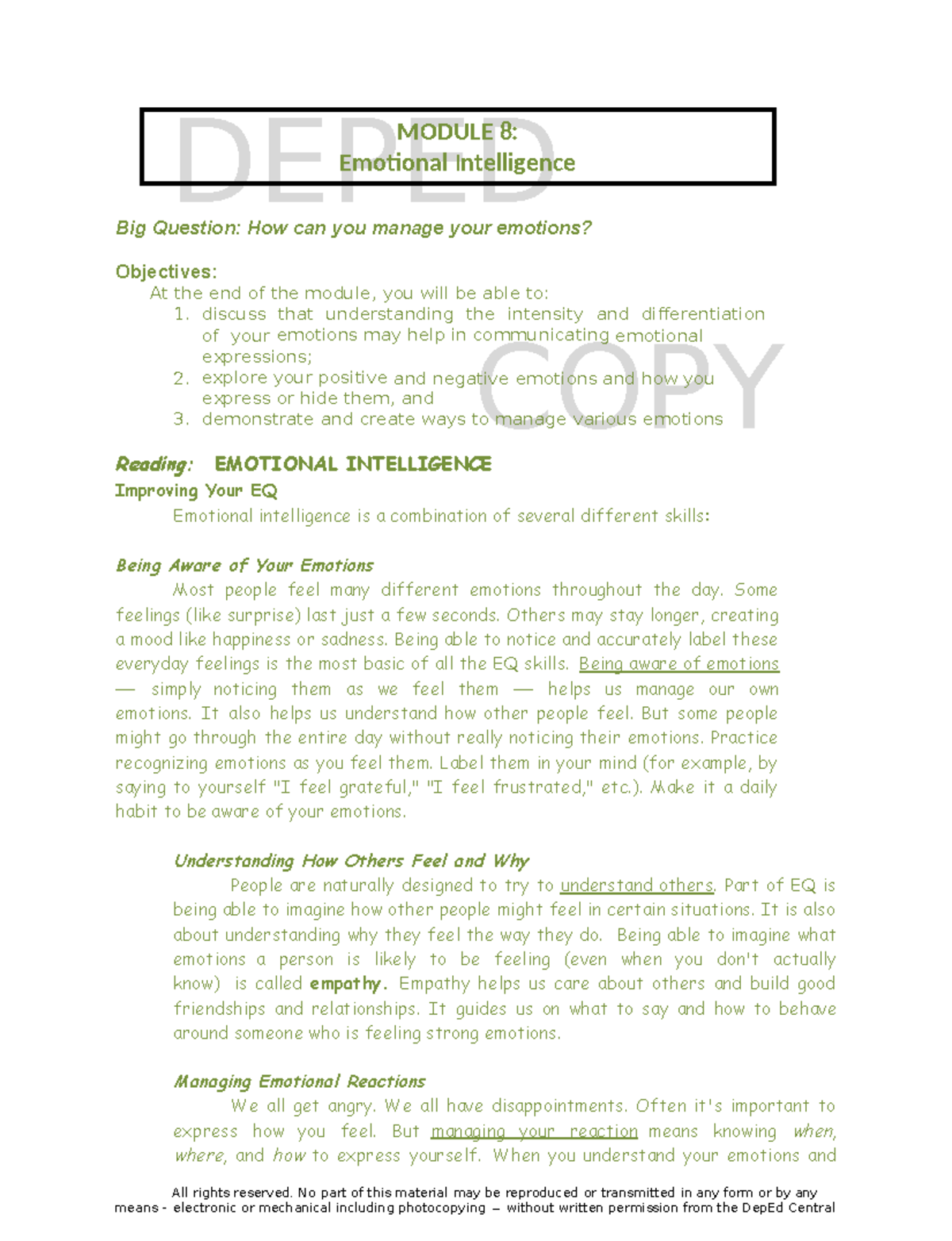 Module 8 Emotional intelligence - DEPED COPY COPY ####### All rights ...