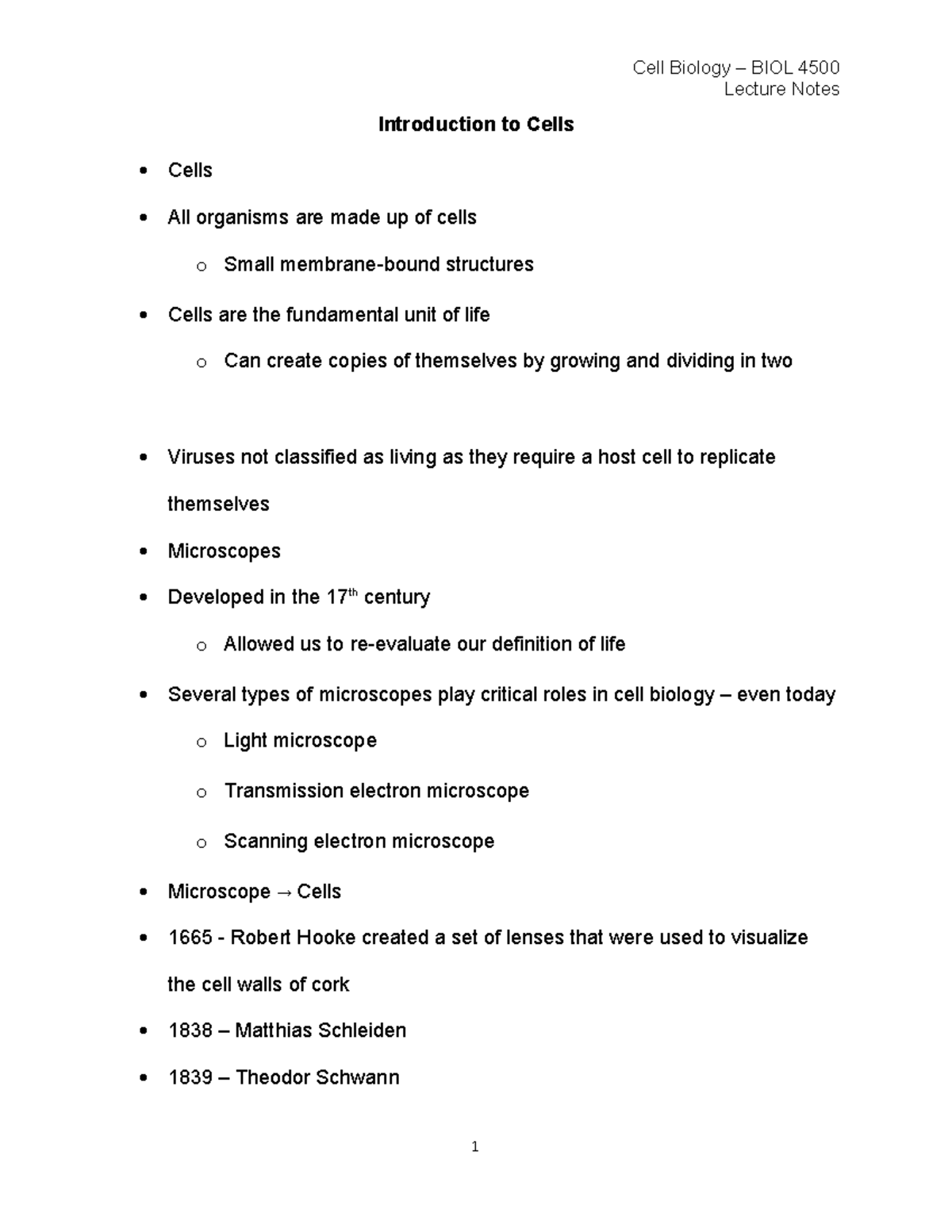 Biol Cell Biology Lecture Notes Introduction To Cells A Introduction To Cells Cells