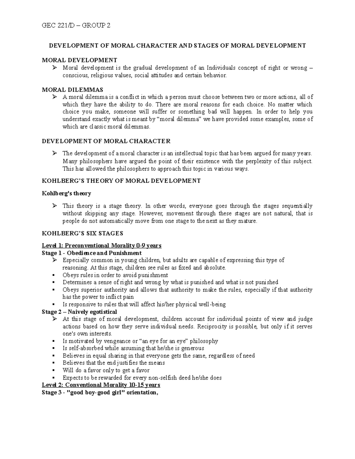 Moral Character Handouts GEC 221/D GROUP 2 DEVELOPMENT OF MORAL CHARACTER AND STAGES OF