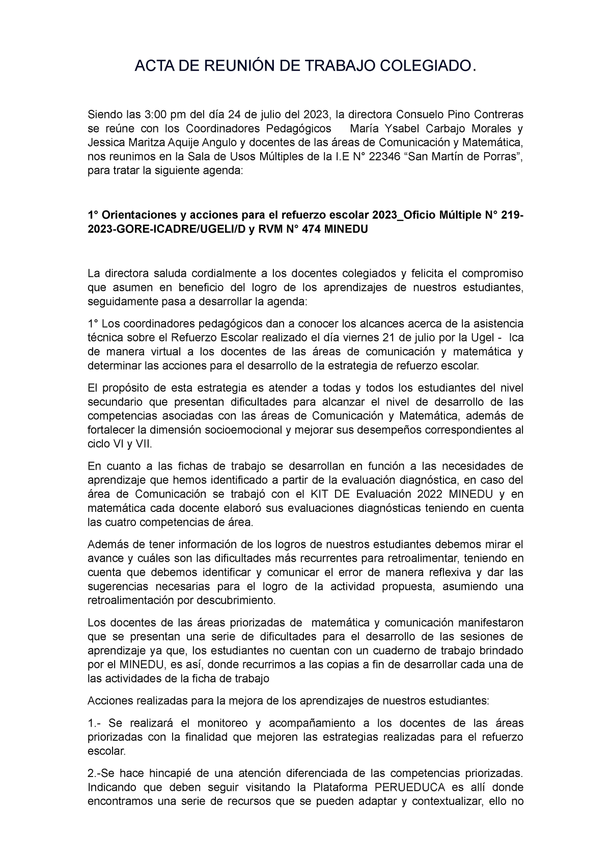 Acta 2023 - Bsn - ACTA DE REUNIÓN DE TRABAJO COLEGIADO. Siendo Las 3:00 ...