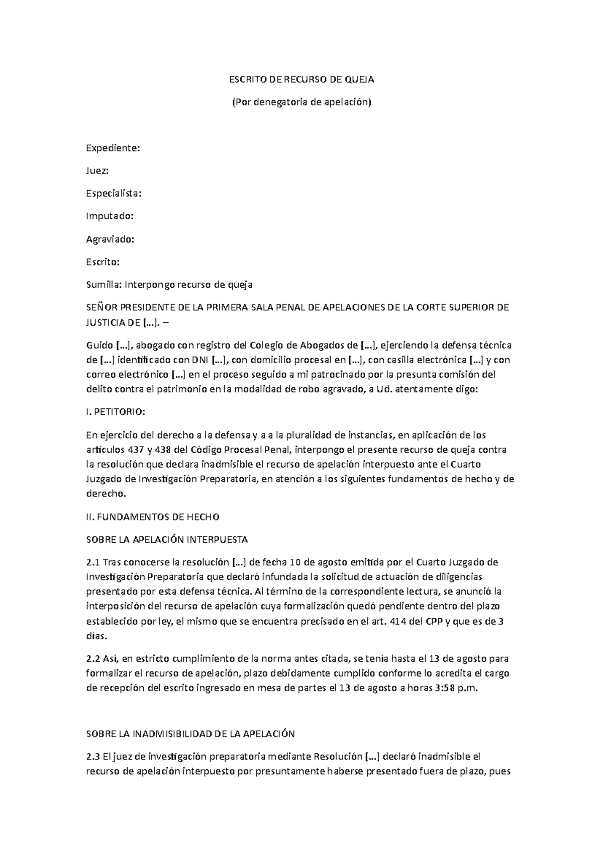 Escrito De Recurso De Queja Escrito De Recurso De Queja Por