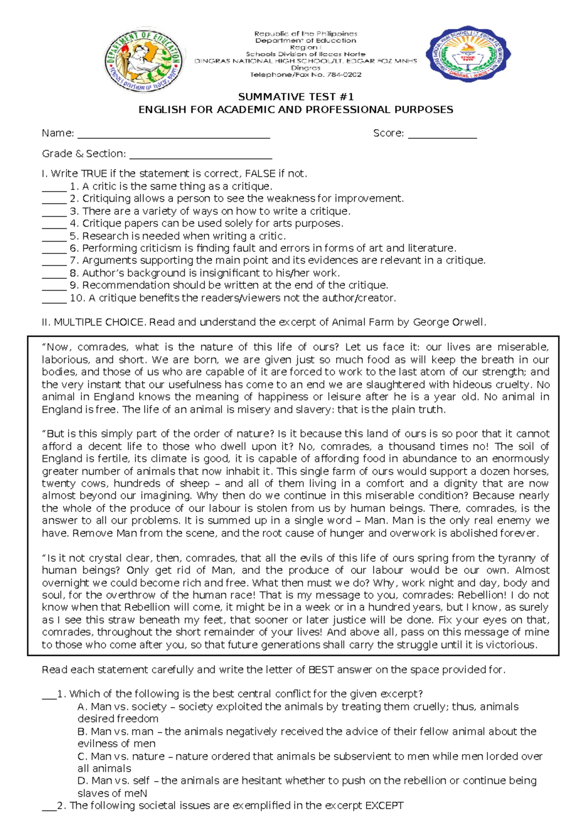 EAPP Q2 Summative TEST 1 - SUMMATIVE TEST ENGLISH FOR ACADEMIC AND ...