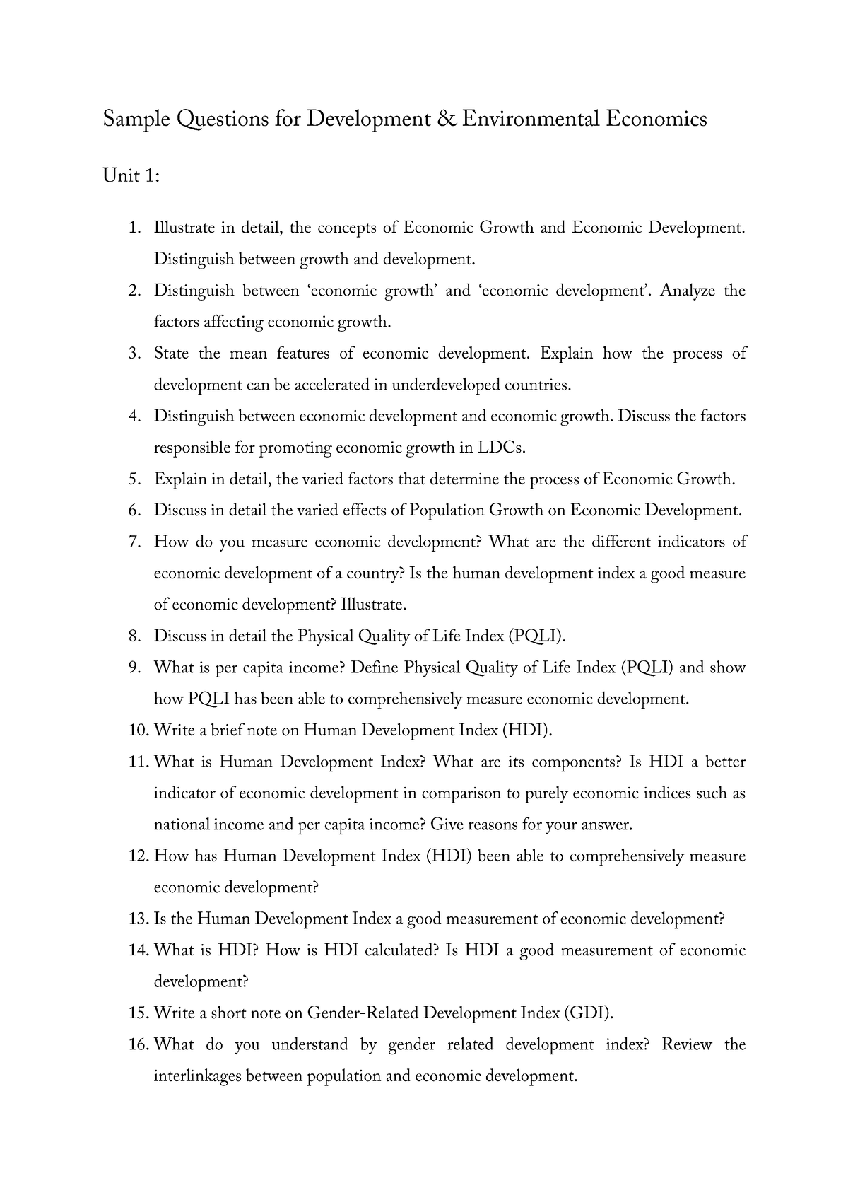 development economics essay questions and answers