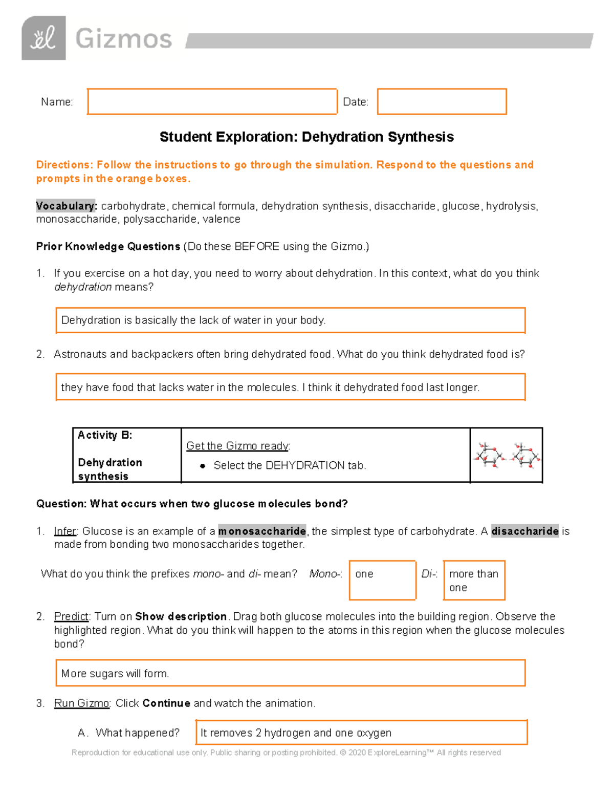 Yousuf Khan - Gizmo Dehydration Synthesis - 15245740 - Name: Date ...