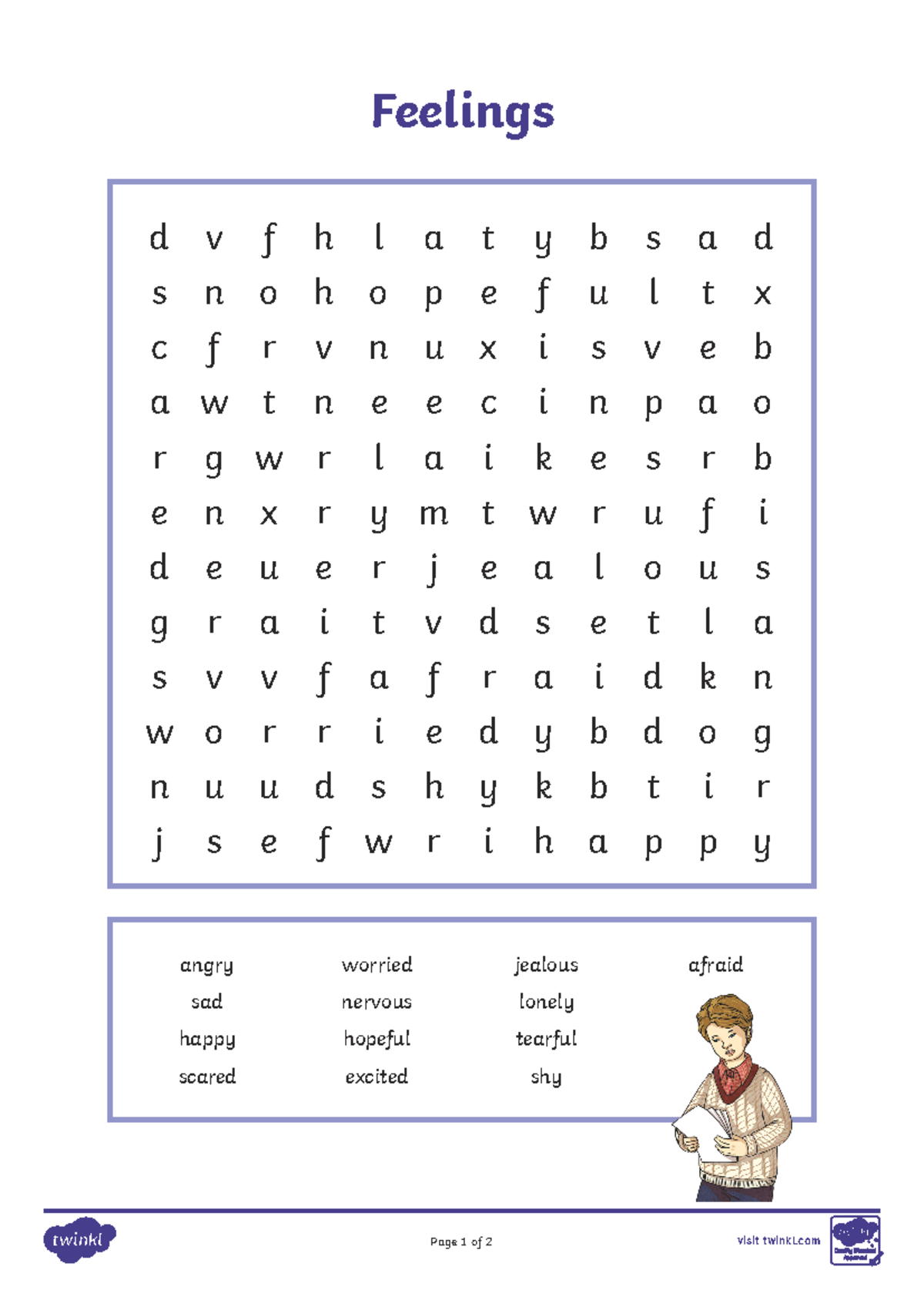 Activity Sheet - angry sad happy scared worried nervous hopeful excited ...