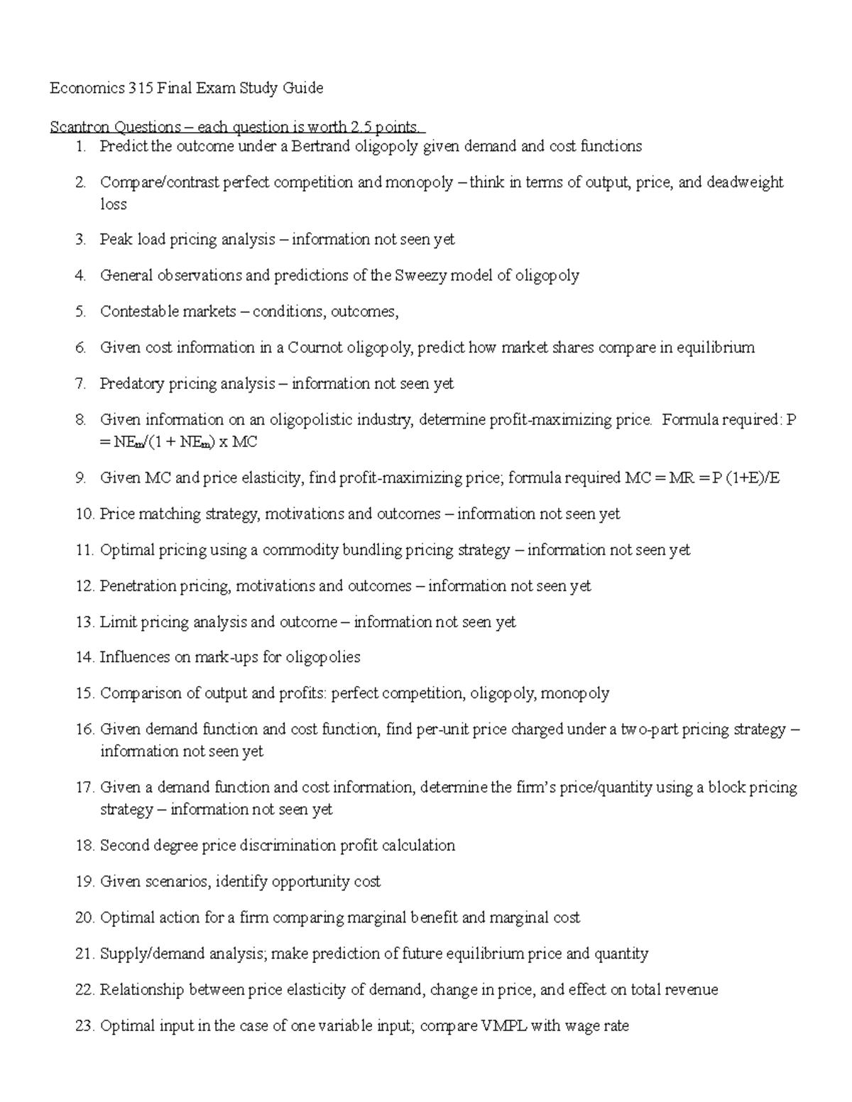 Summer 18 Final Exam Study Guide - Economics 315 Final Exam Study Guide ...