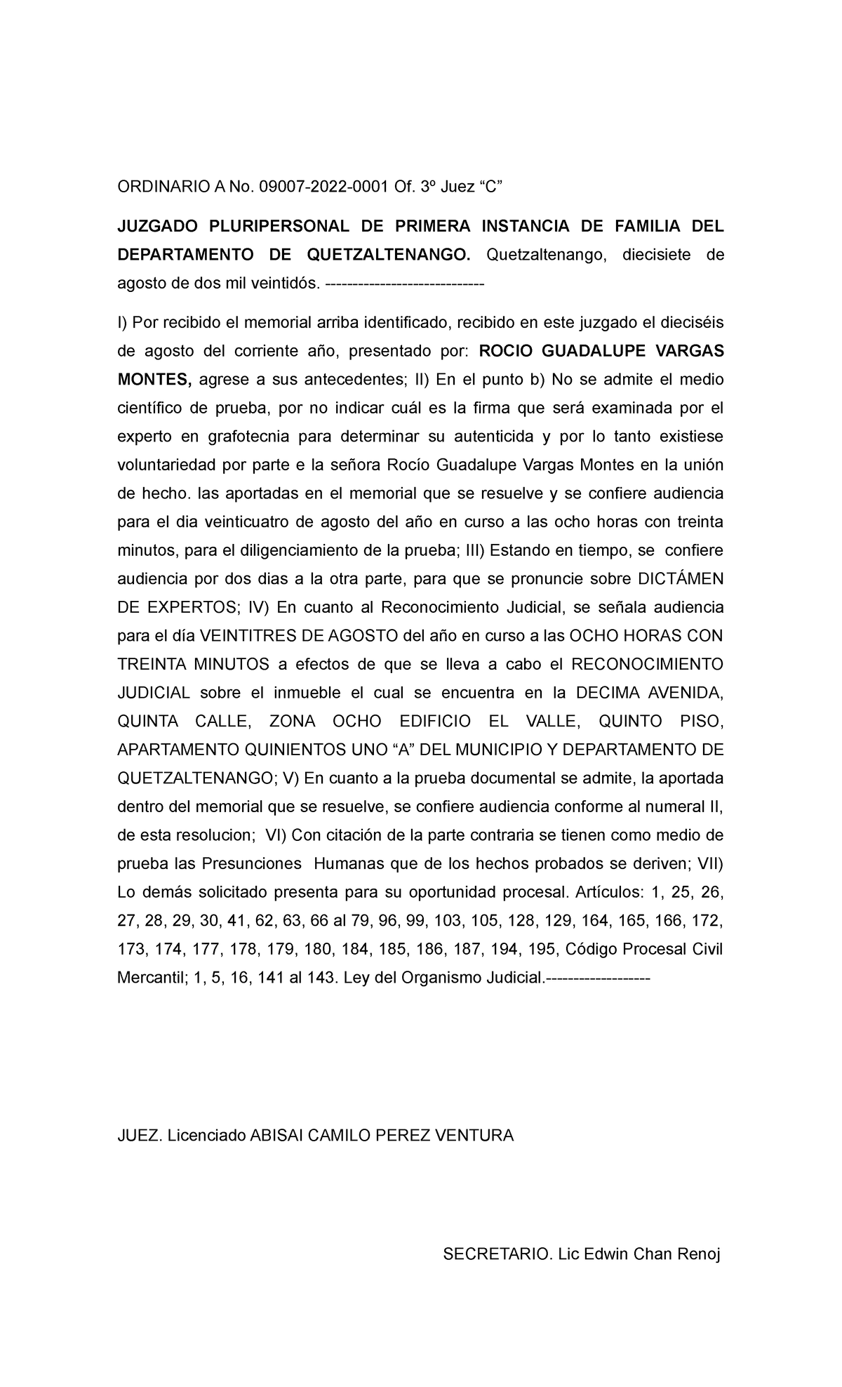 Resolucion parte actora Caso A - ORDINARIO A No. 09007-2022-0001 Of. 3º ...