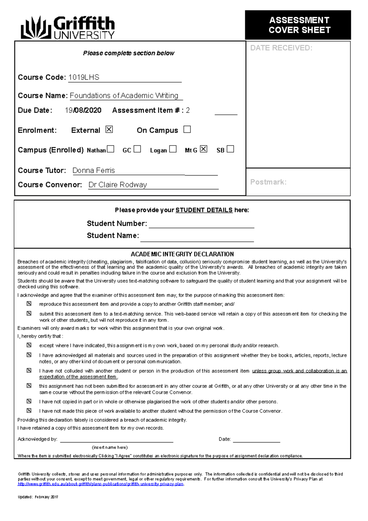 1019LHS Academic Writing Portfolio - ASSESSMENT COVER SHEET Please ...