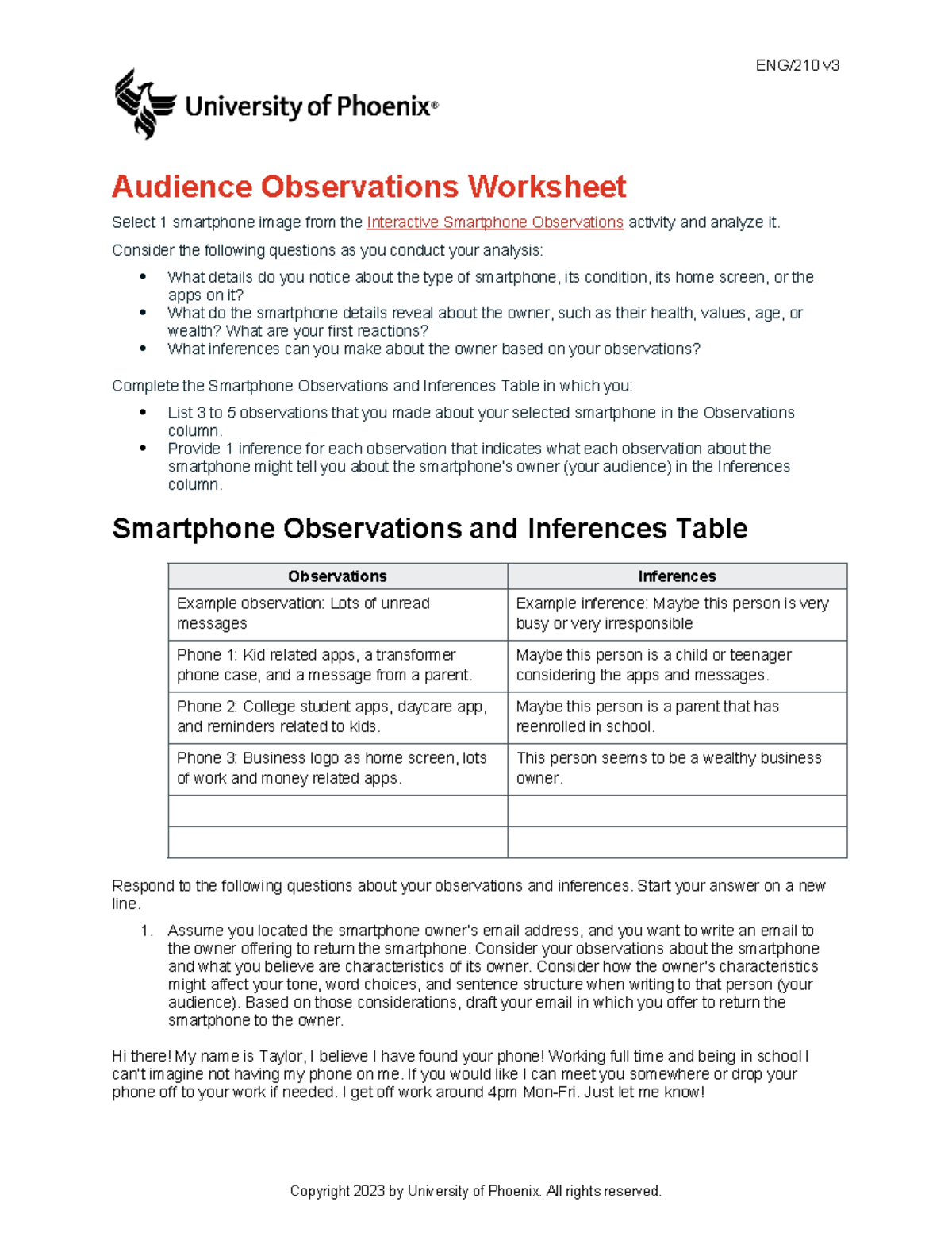 Eng210 v3 wk1 audience observations worksheet - ENG/210 v Audience ...