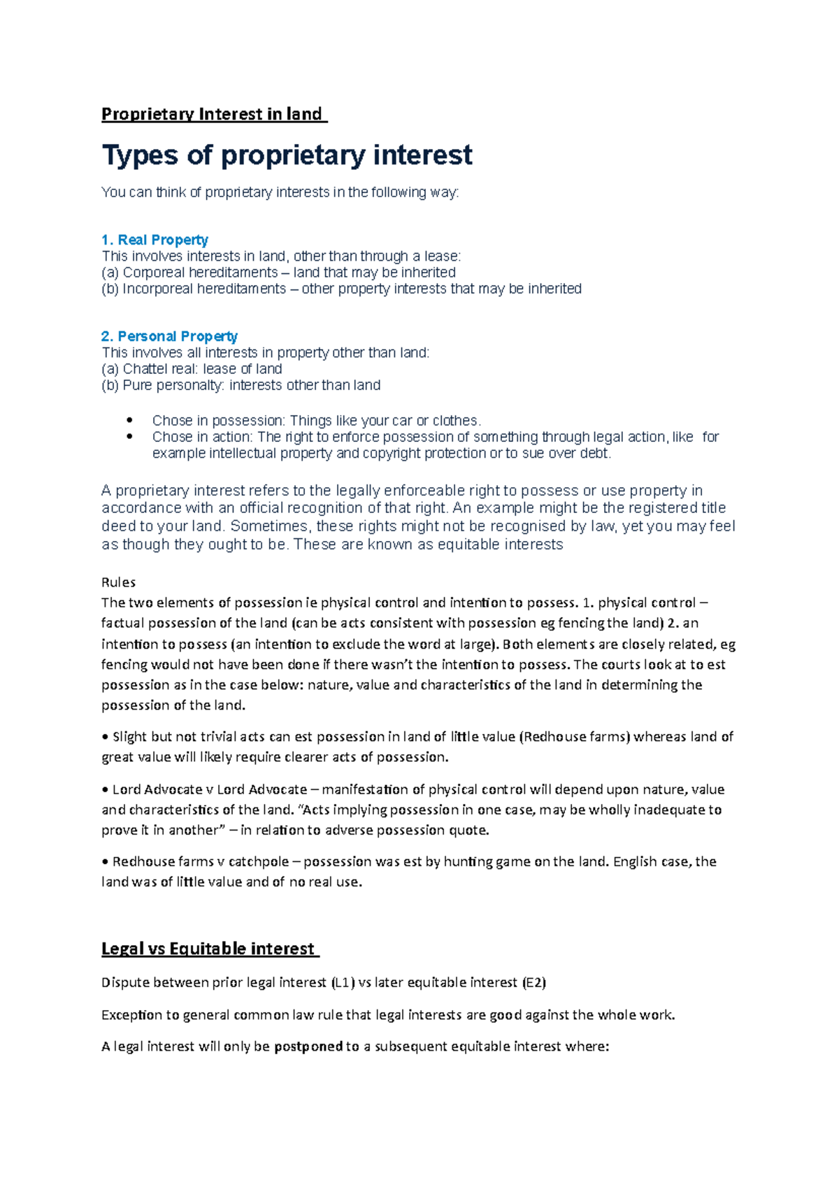 Exam prep property law - exam prep - Proprietary Interest in land Types ...