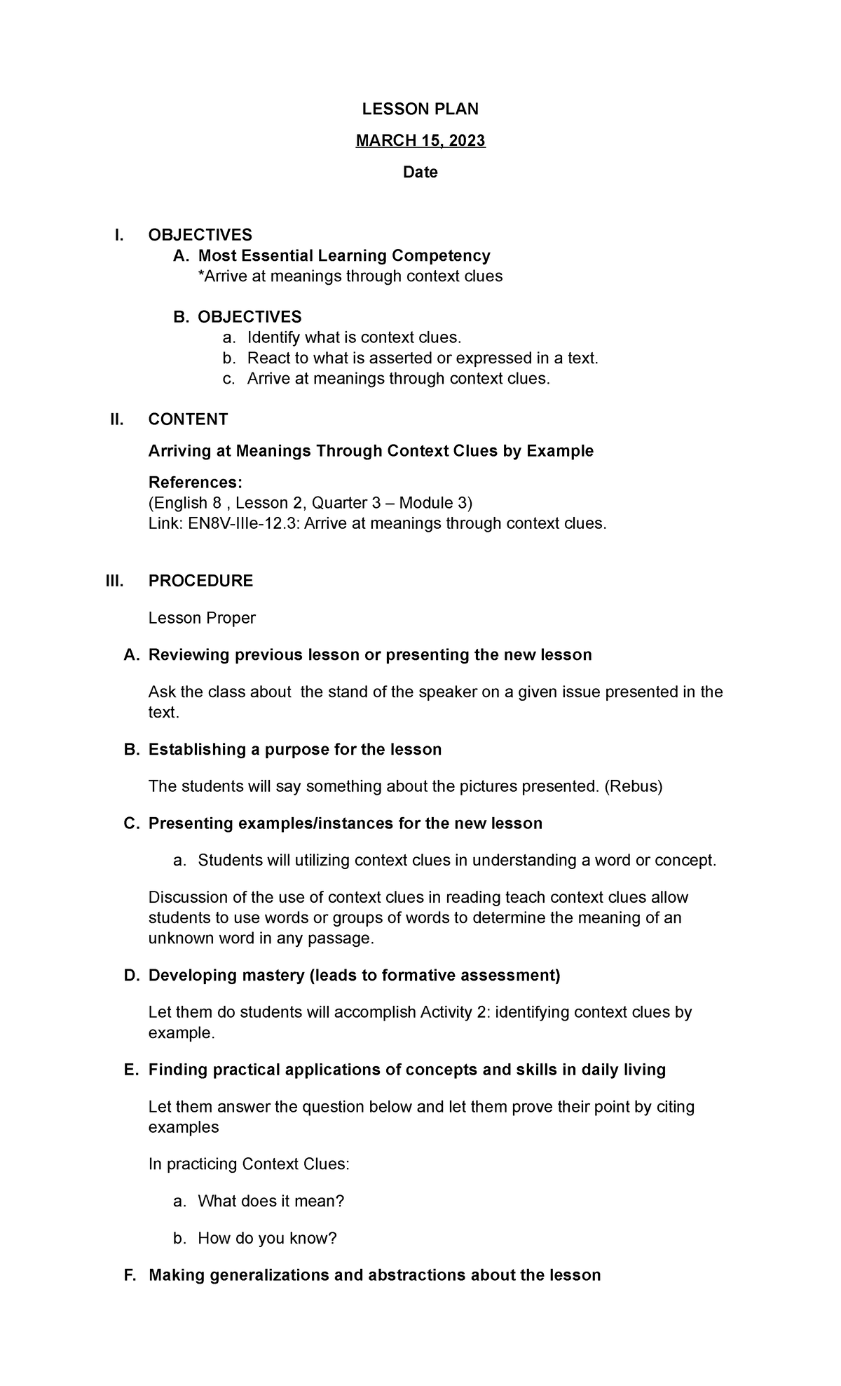 17 SEMI Lesson PLAN Asnhs - LESSON PLAN MARCH 15, 2023 Date I ...