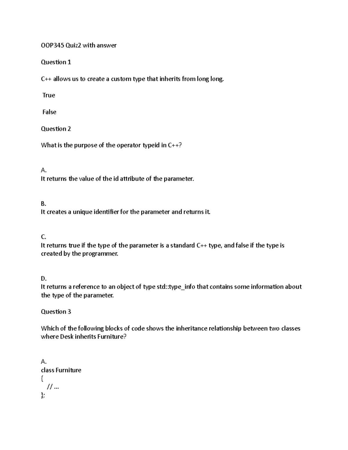 OOP345 Quiz2 with answer - OOP345 Quiz2 with answer Question 1 C++ ...