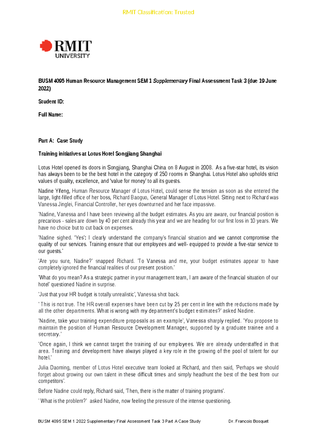 BUSM 4095 HRM SEM 1 2022 Supplementary Final Assessment Task 3 Case ...
