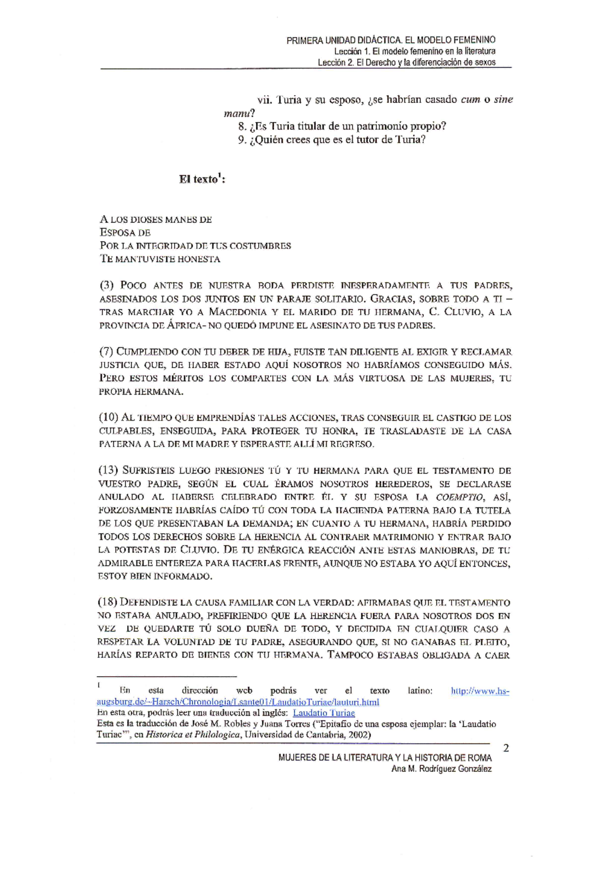 Laudatio Turiae PRIMERA UNIDAD DIDACTICA. EL MODELO FEMENINO Leccién
