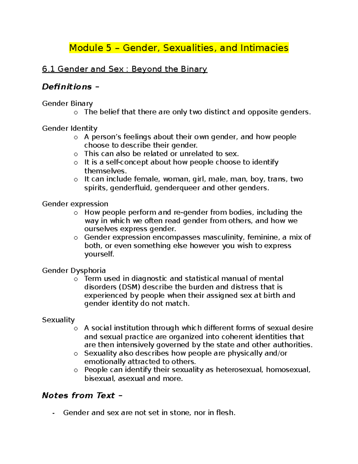 Module 5 - Notes - Module 5 – Gender, Sexualities, And Intimacies 6 ...