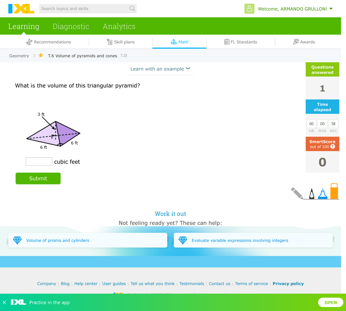IXL Volume of pyramids and cones (Geometry practice