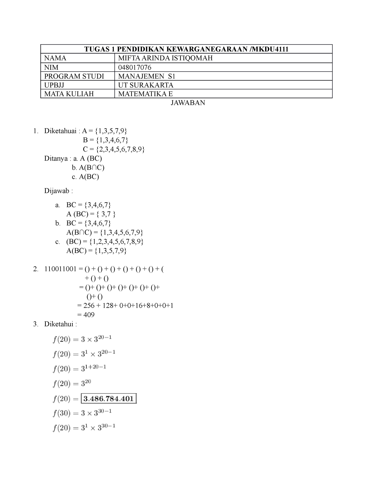 Tugas 1 Matematika Ekonomi Mifta Arinda 048017076 - TUGAS 1 PENDIDIKAN ...