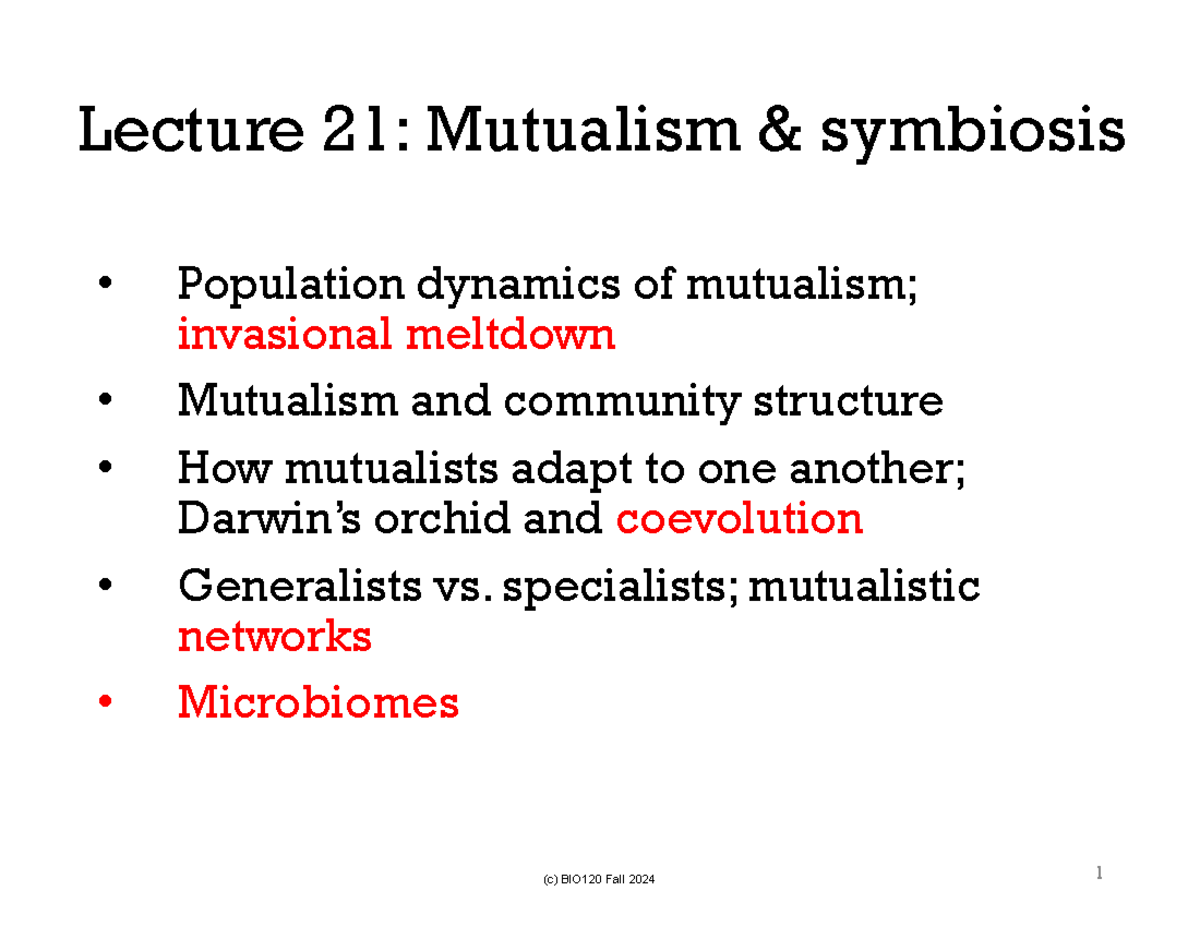 BIO120Fall2024 Lecture 21 1slideperpage - Lecture 21: Mutualism ...
