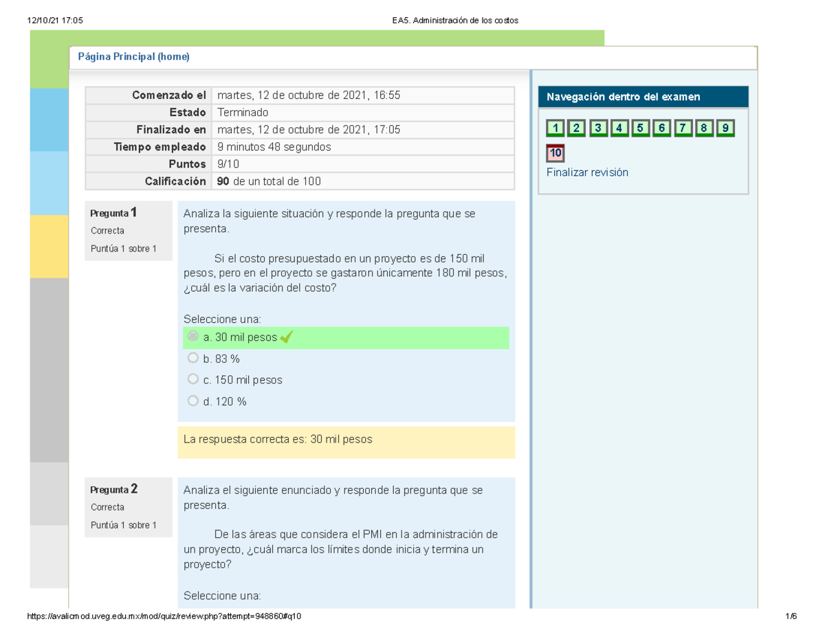 Examen Administración de los costos 3 preguntas y respuestas con