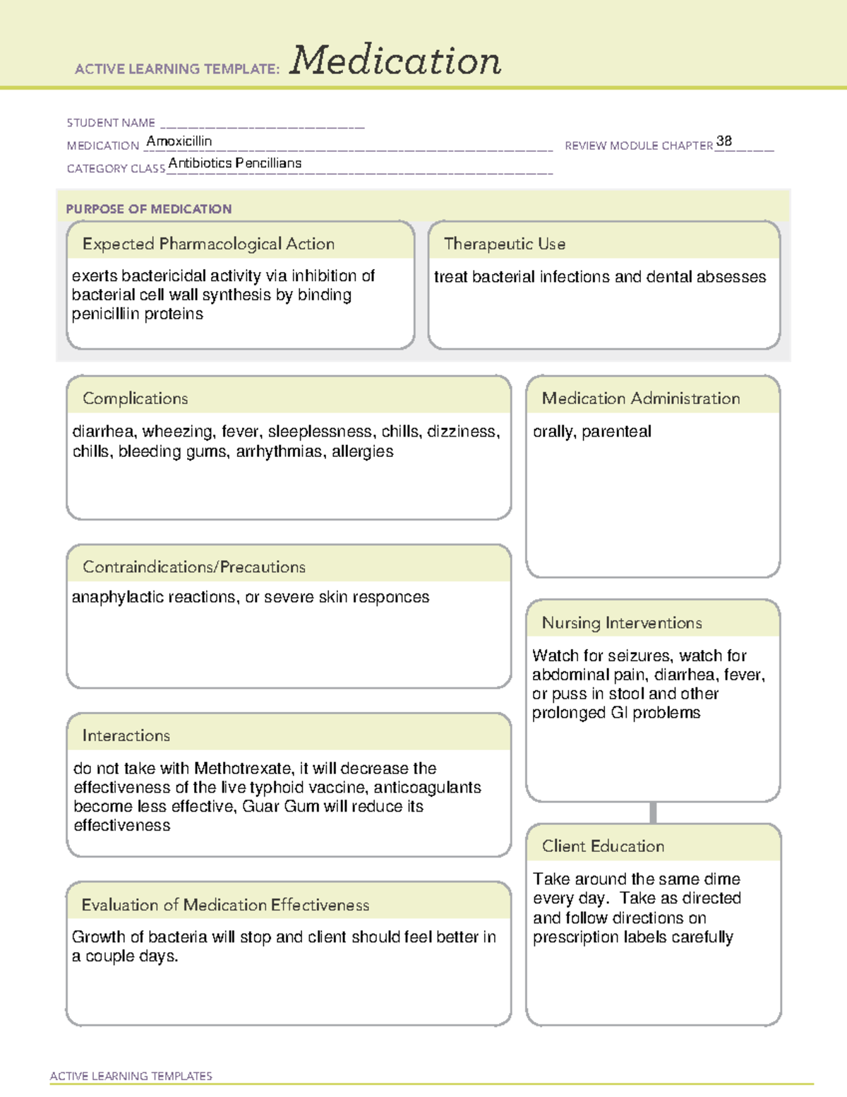 Amoxicillin Medication Worksheet - Active Learning Templates Medication 