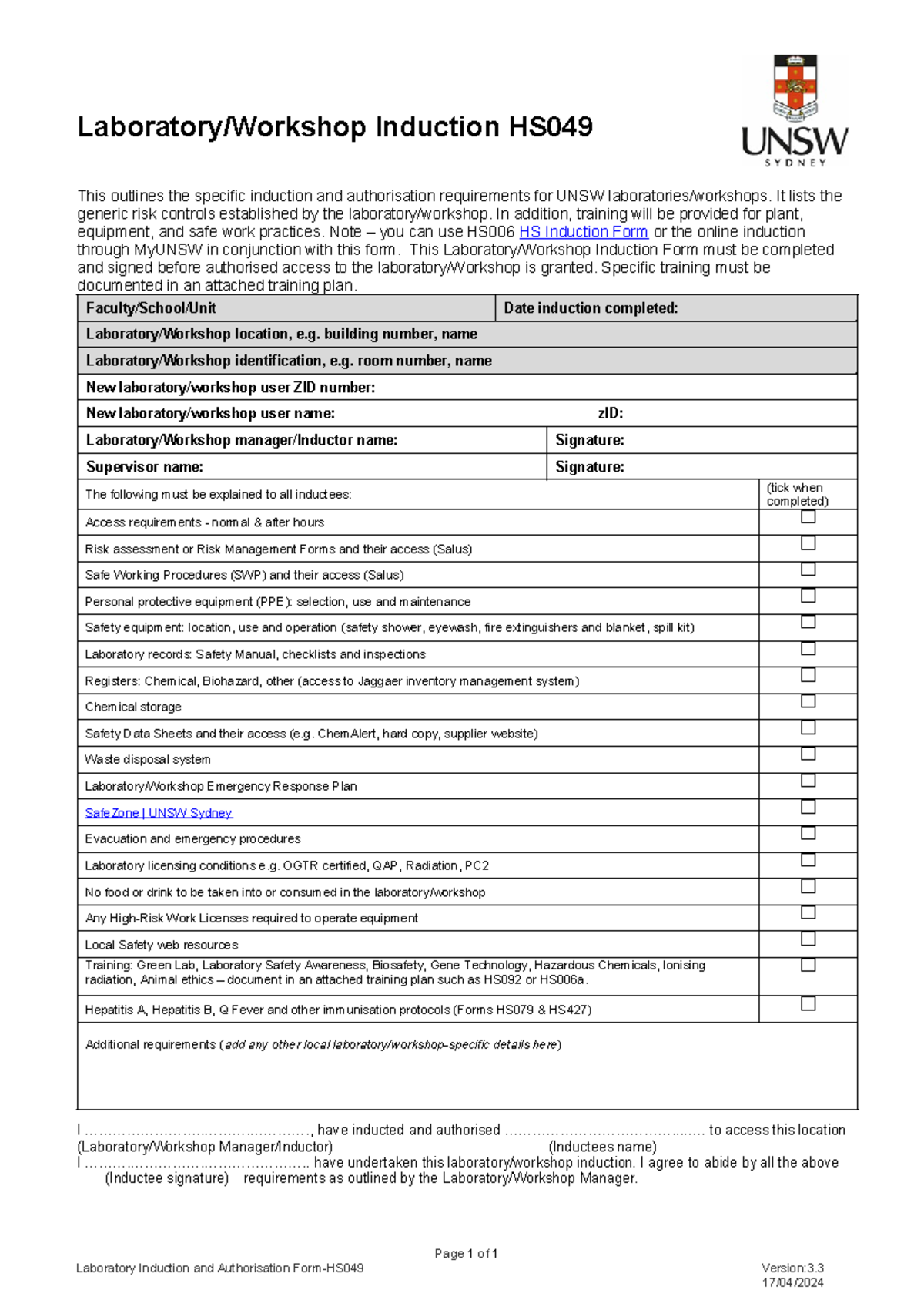 2023 07 Laboratory Workshup Induction HS049 v3 2 - Laboratory/Workshop ...