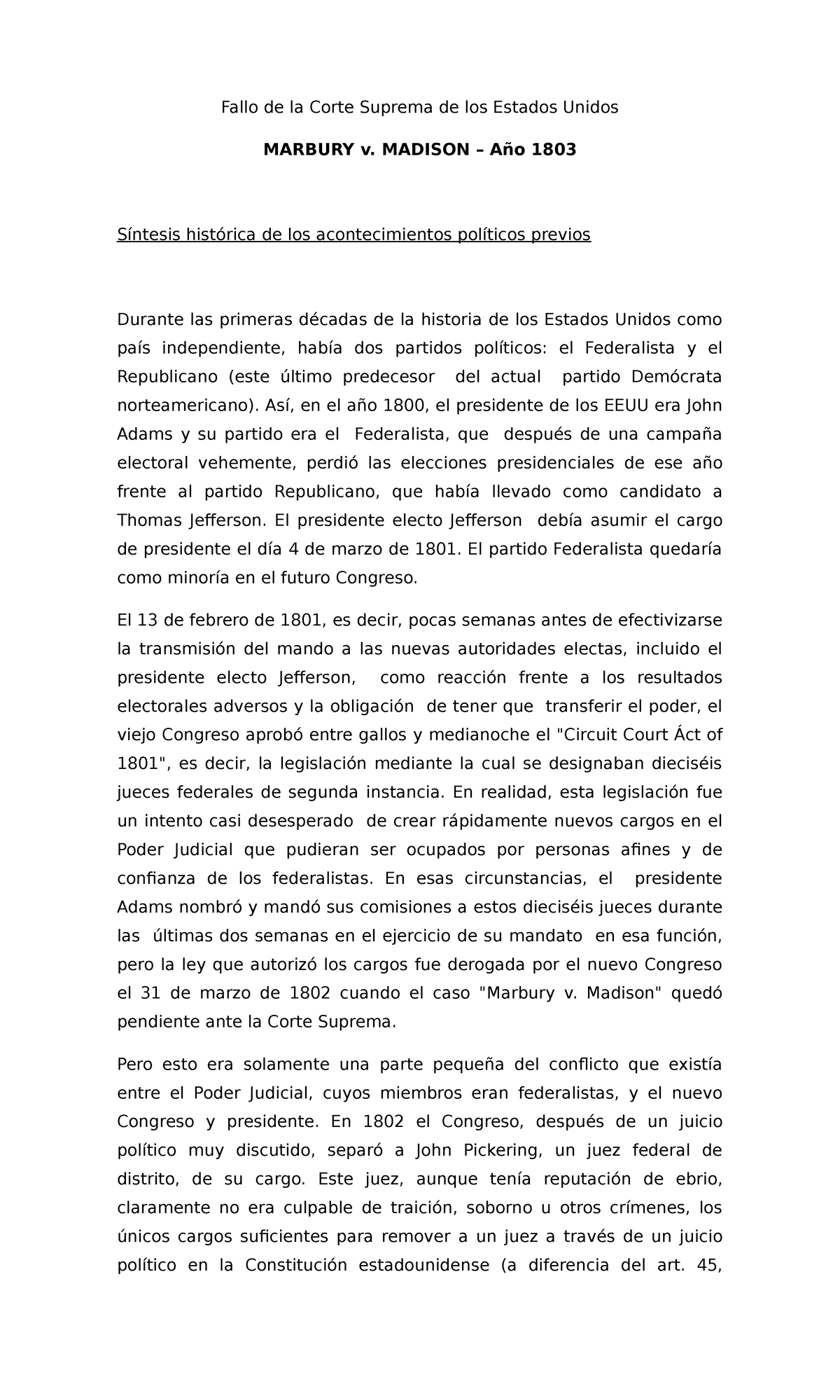 Fallo Marbury VS Madison de la Corte Suprema de los Estados Unidos ...
